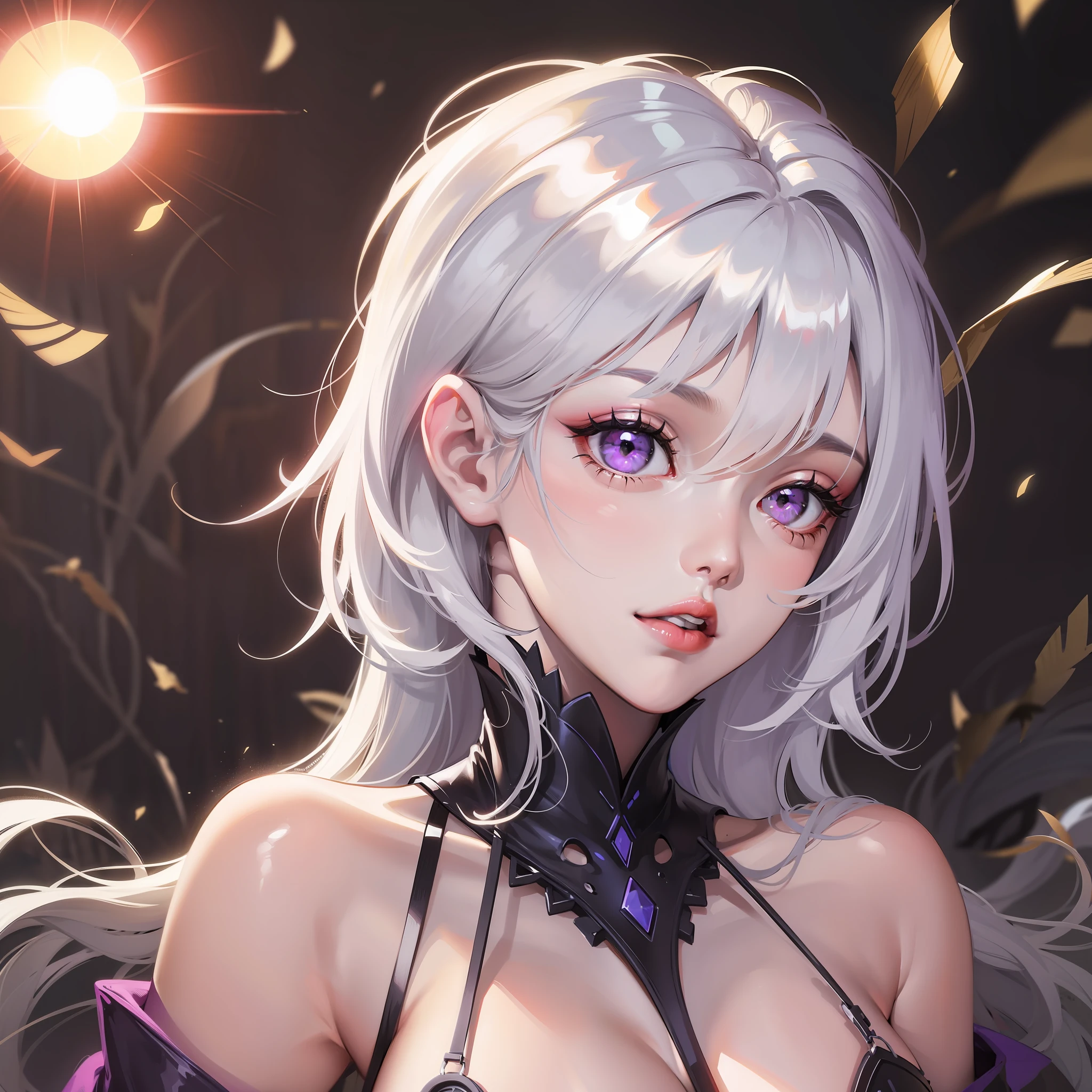 Realistic, 1girl, white hair, purple eyes, glowing eyes, cropped top, sun, sunlight,