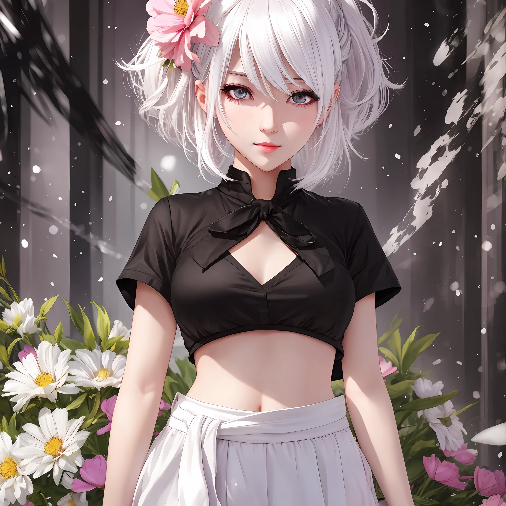 realistic, 1girl, white hair, black eyes, bright eyes, cropped top, skirt, lips parted, blush, night, flowers, sun, sunlight, --auto --s2