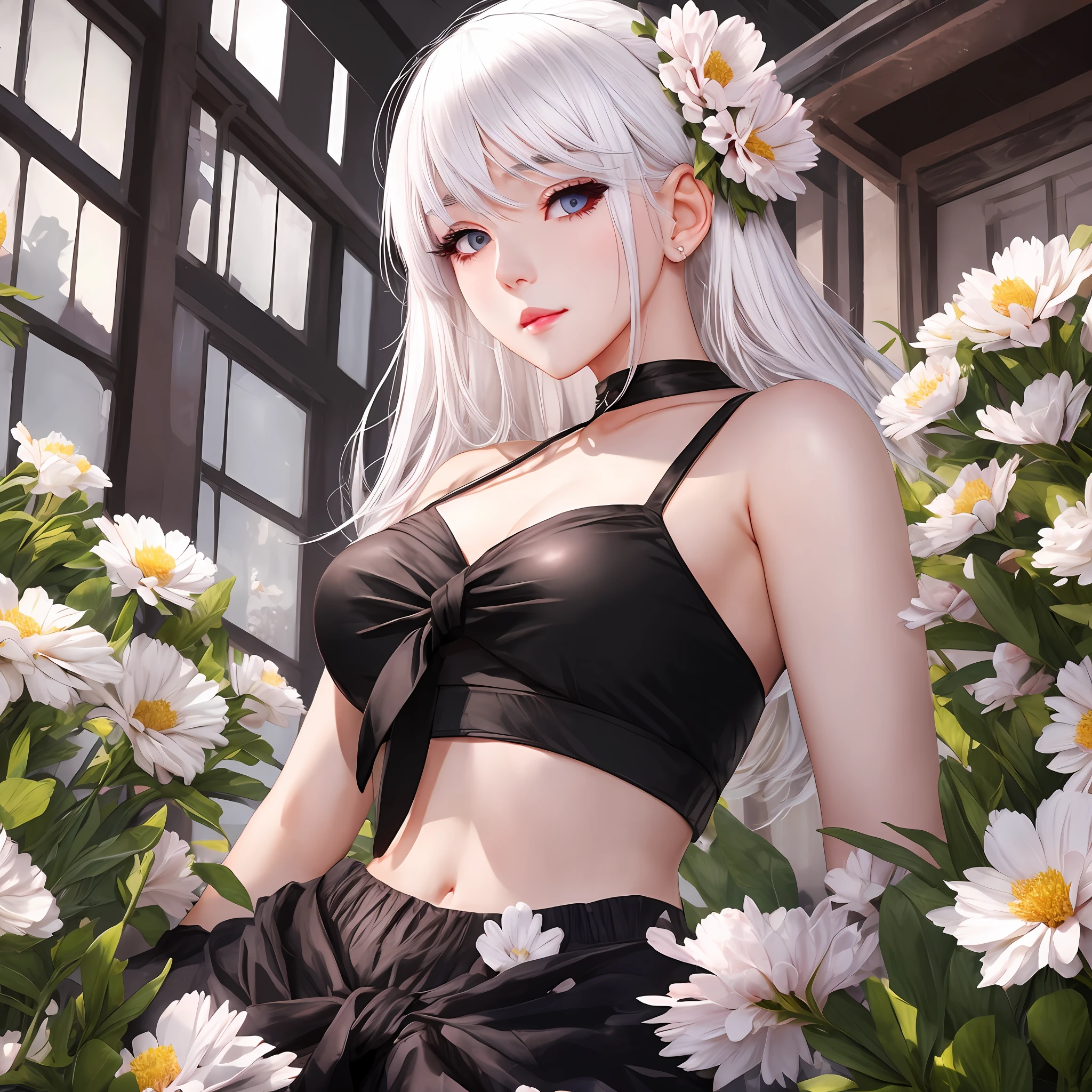 realistic, 1girl, white hair, black eyes, bright eyes, cropped top, skirt, lips parted, blush, night, flowers, sun, sunlight, --auto --s2