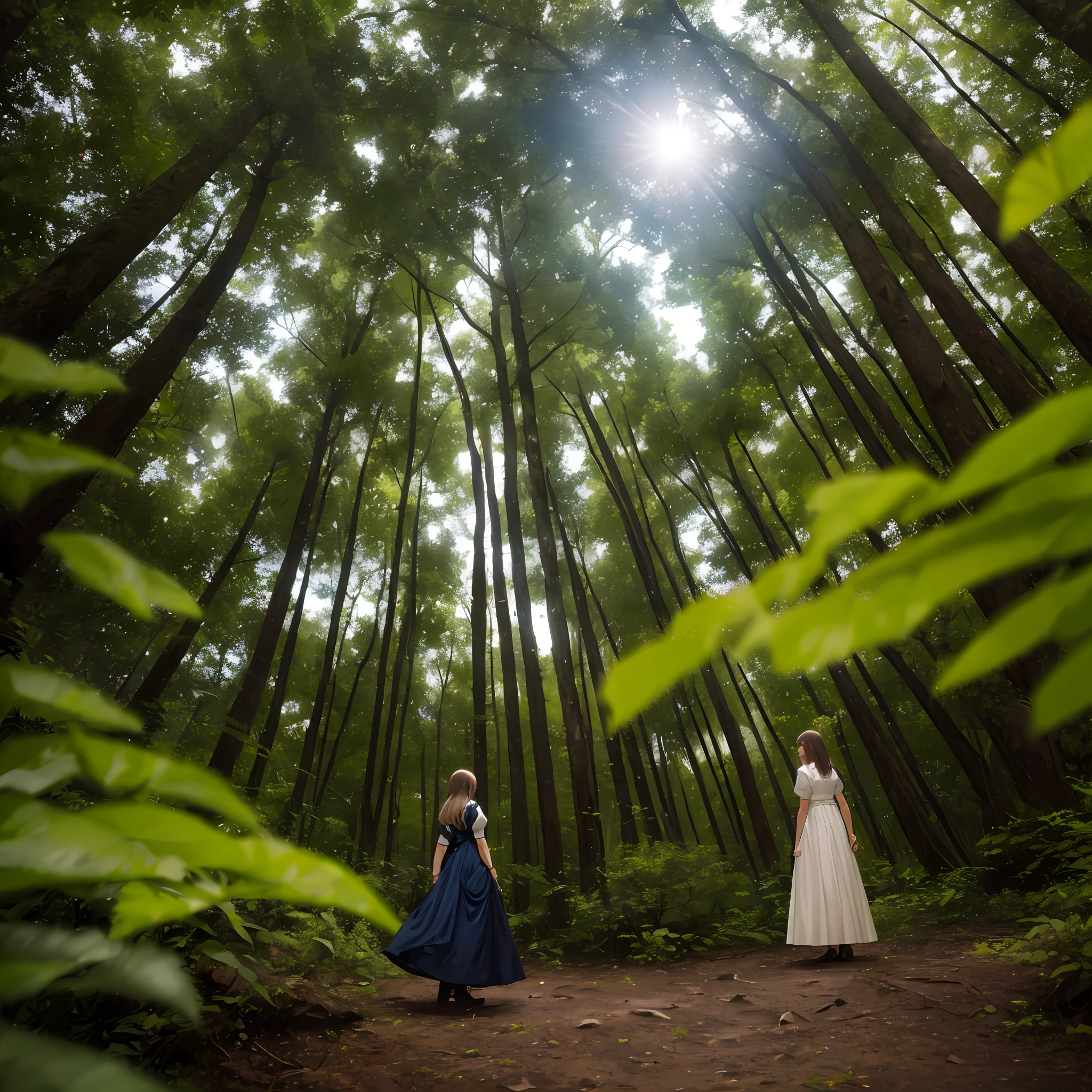 two women in dresses standing in a forest looking up at the sky, in a whimsical fairytale forest, in the magical forest, in a magical forest, standing in the mystical forest, in deep forest, in magical woods, in a deep forest, in a dense forest, in the deep forest, standing in the forrest, in serene forest setting, a maid in a magical forest