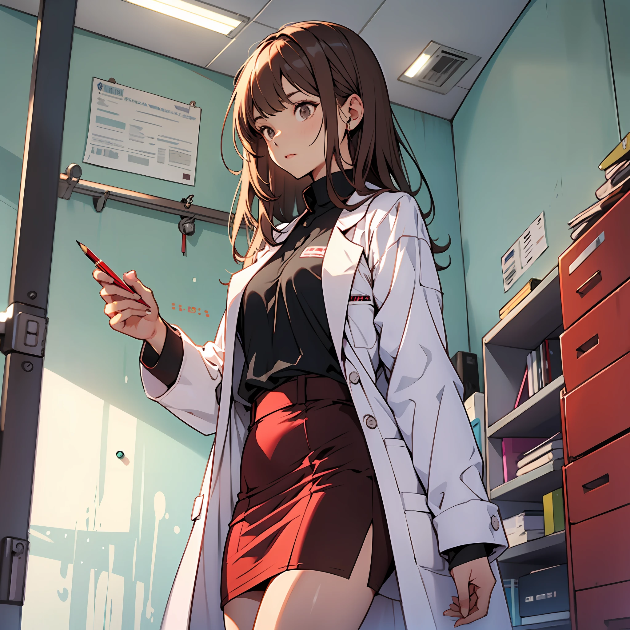 1girl, solo, brown hair, small , tall woman, in white lab coat wearing, long sleeves, black shirt, red pencil skirt --auto