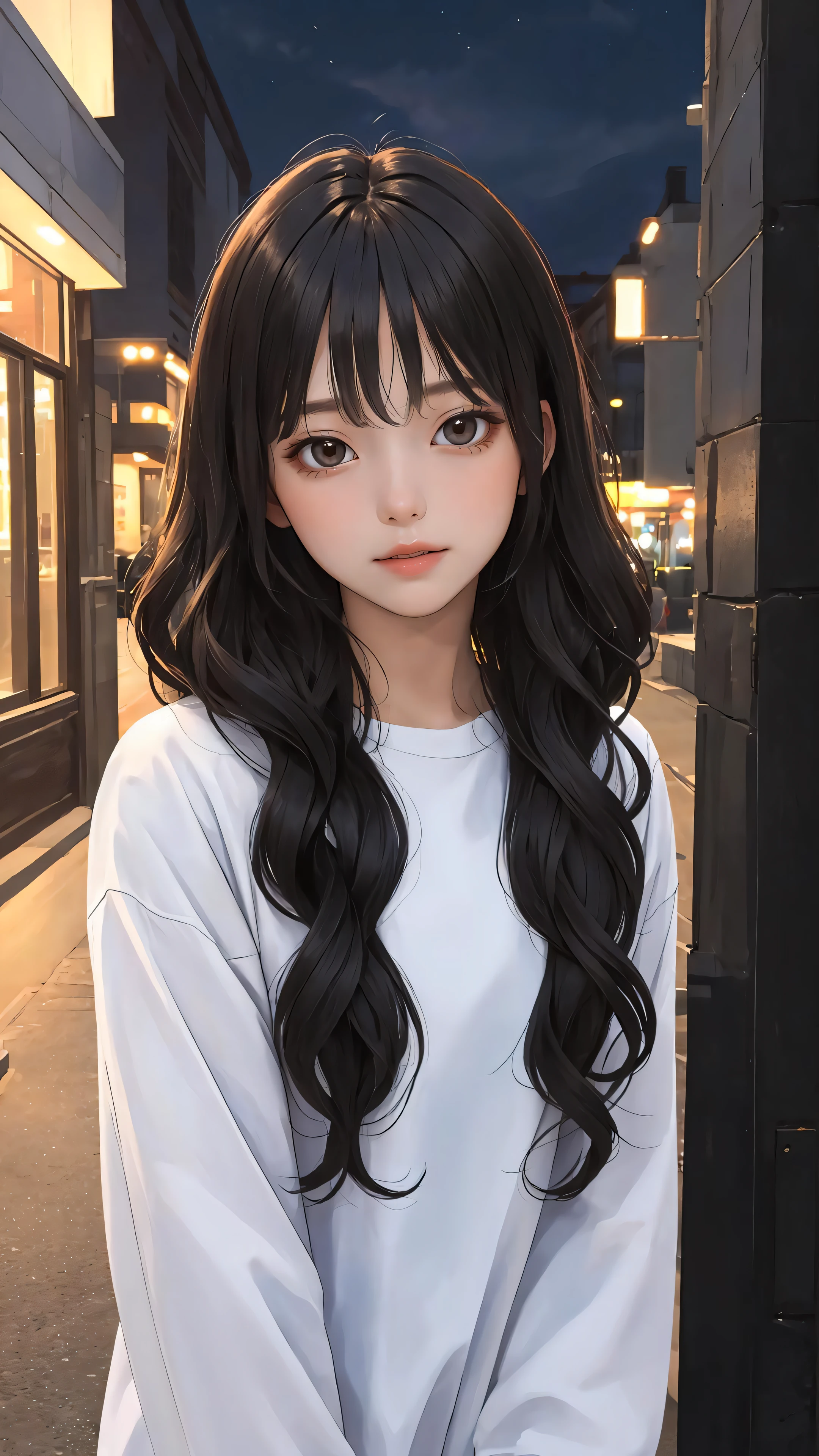 (masterpiece:1.2), (best quality:1.2), night, (looking at viewer), bright skin,
outdoors, fringe,
long hair, (wavy hair),