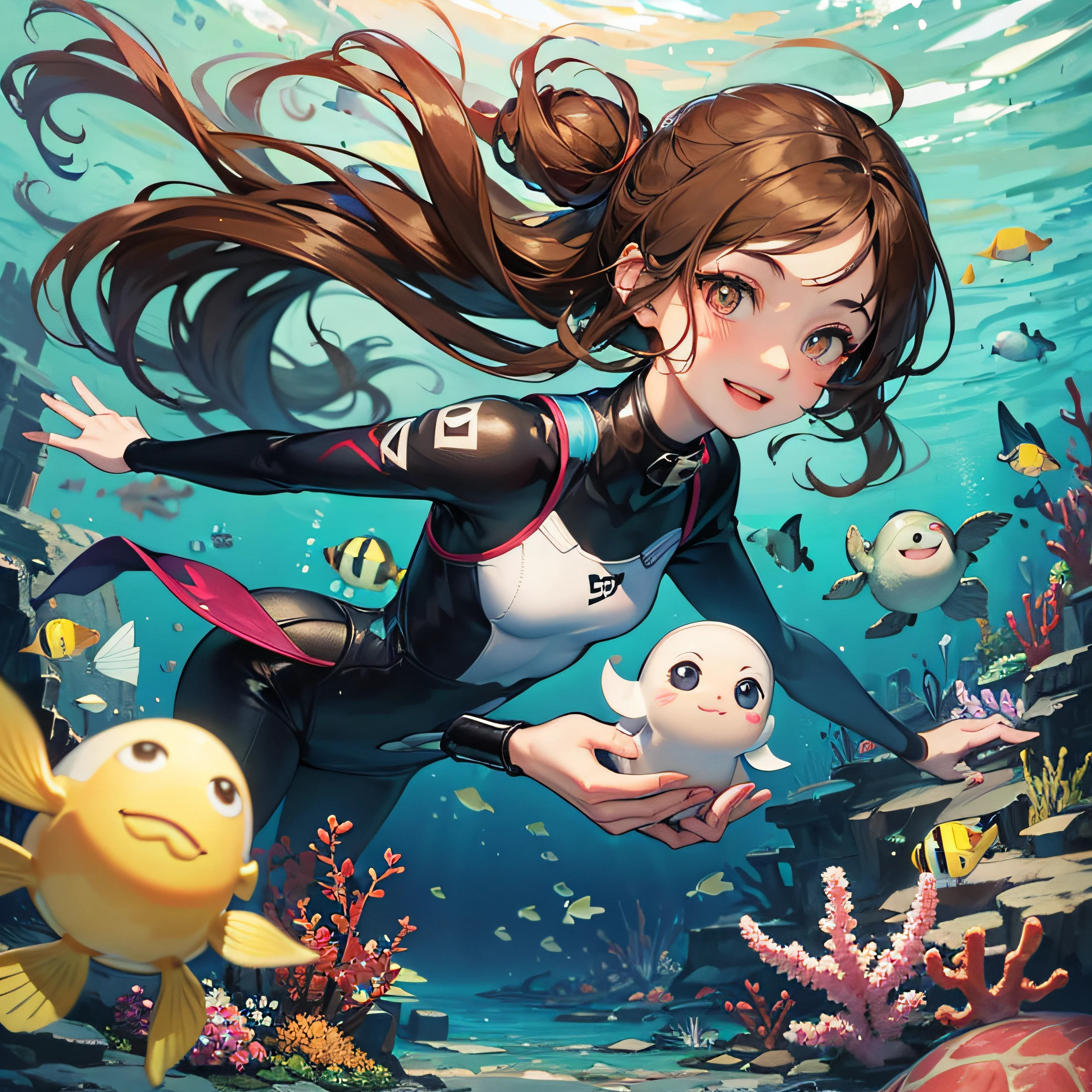 newborn girl, wetsuit, dark brown hair, discreet smile, on the seabed, shipwreck on the bottom, starfish, fish, turtles, sea cavlos --auto