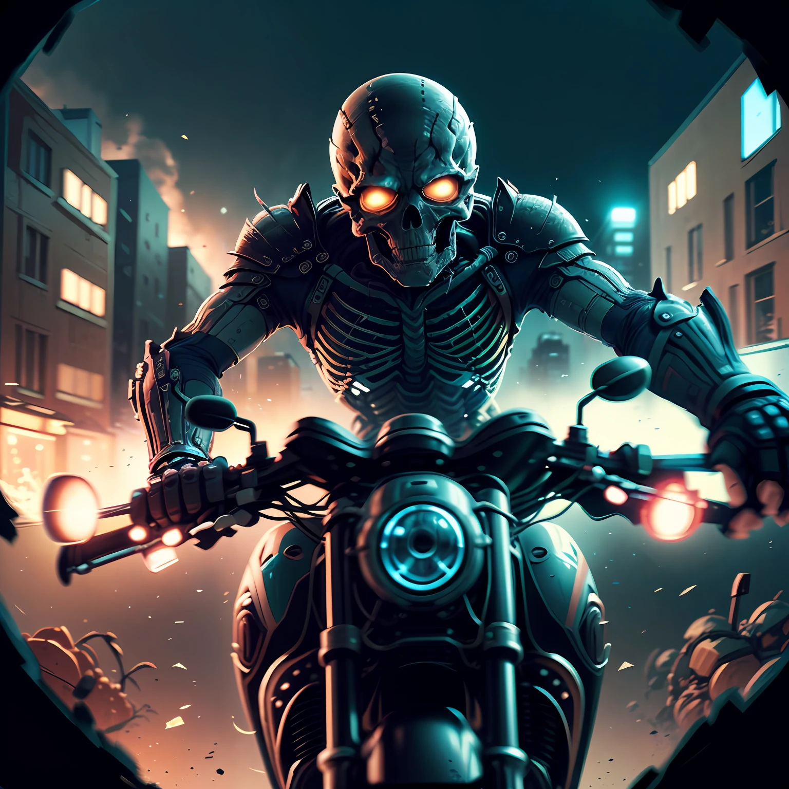 [Illustration storyboard] comic page, multiple images on one page: A skeleton rider riding a motorcycle in a dilapidated burning city (back, close-up), (GoPro, f/2.8, diffuse backlight). [Multi-angle continuous shooting] in the style of Phoebe Herring, cobalt blue and reflective silver, motion picture film P30, split composition --auto