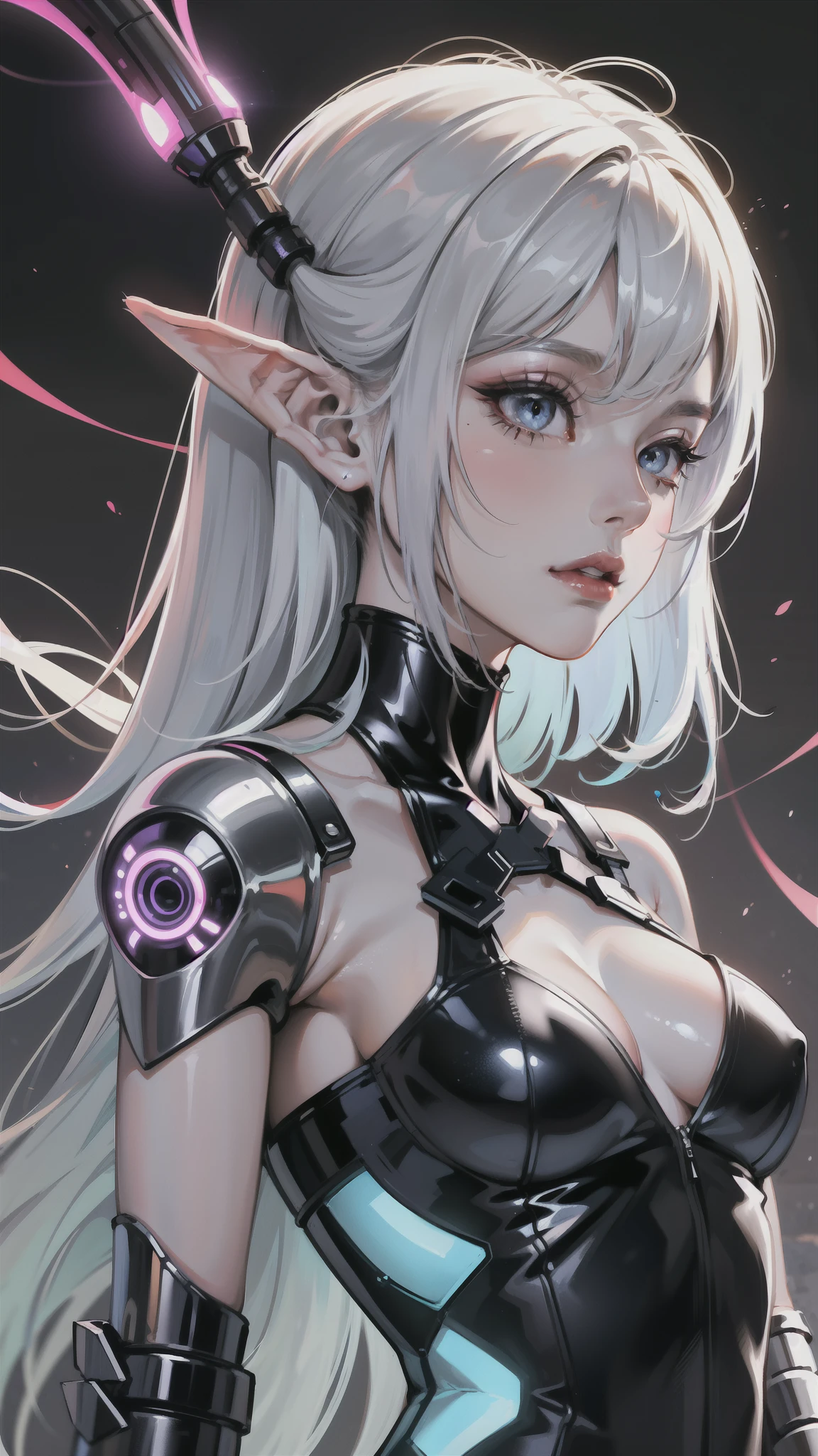 She is an exotic-looking elf with delicate features and a slender, elegant stature. Her eyes, normally bright and expressive, have been enhanced with cybernetic implants, displaying a shimmering blue cybernetic glow that contrasts with her naturally pale skin.

Her hair, which would normally be long and silky, has been replaced by a cybernetic extension of silver metallic strands, which glow with tiny LED lights in vibrant hues.

Its body features several cybernetic modifications, such as biomechanical arms with a sleek appearance and aerodynamics. These cybernetic limbs have a textured synthetic skin and metal accents, perfectly matching the cyberpunk aesthetic.

On your face, you may notice subtle facial implants, such as luminous markings or neon tattoos, that run down your cheekbones and eyebrows.

She wears a futuristic costume that combines elven and technological elements. His tight-to-body suit, made of reflective and synthetic materials, is designed to hone your physical abilities and protect your cybernetic modifications.