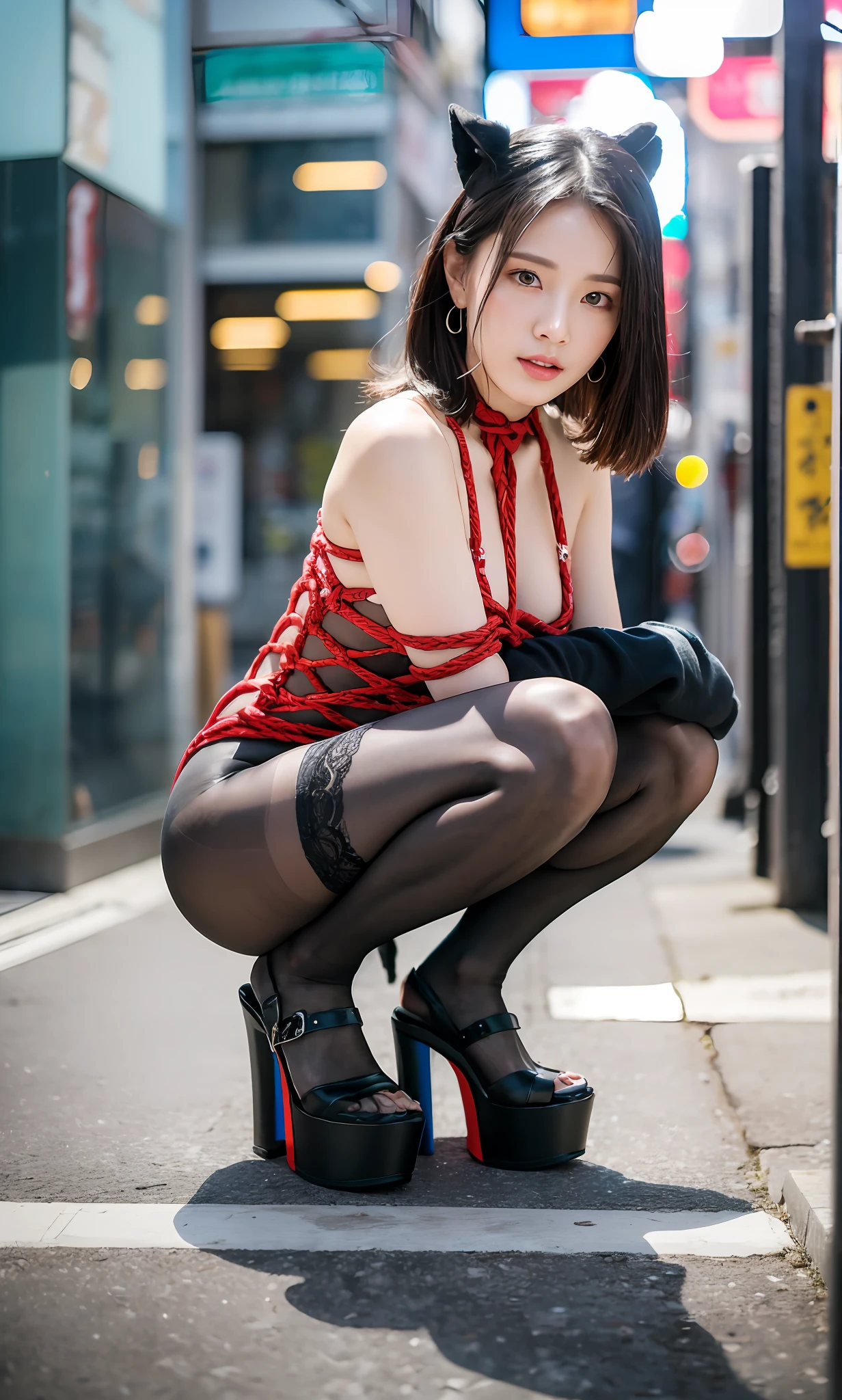 (Best Quality: 1.4), (Ultra High Resolution: 1.2), (Masterpiece: 1.0), (Photorealistic: 1.4), 8K Resolution, Sharp Focus, Canon EOS R5, 50mm, Ultra Detail, Cinematic Lighting, (Portrait Photo)), Light Illumination, Backlight, Detailed Beautiful Skin, Detailed Beautiful Face, Petite Figure, Detailed Skin Texture, Pale Skin, Detailed Hair, Perfect Eyes, Detailed eyes, (glowing skin 1.15), complex background, cyberpunk city street, night, blue tone background, (detailed full body RAW photo of girl), solo, full body, (see-through, bodysuit), (back arm), (), (red rope), earrings, rabbit ears, black pantyhoied arms, slouch, platform heels, squat, (big)