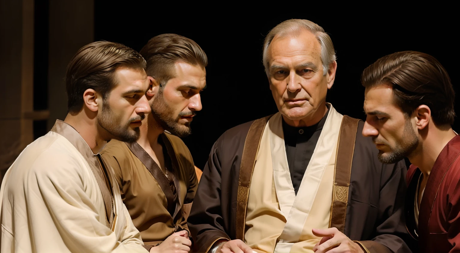 an old man sitting surrounded by other men, wearing biblical clothing, a brown and white robe and tunic, biblical times