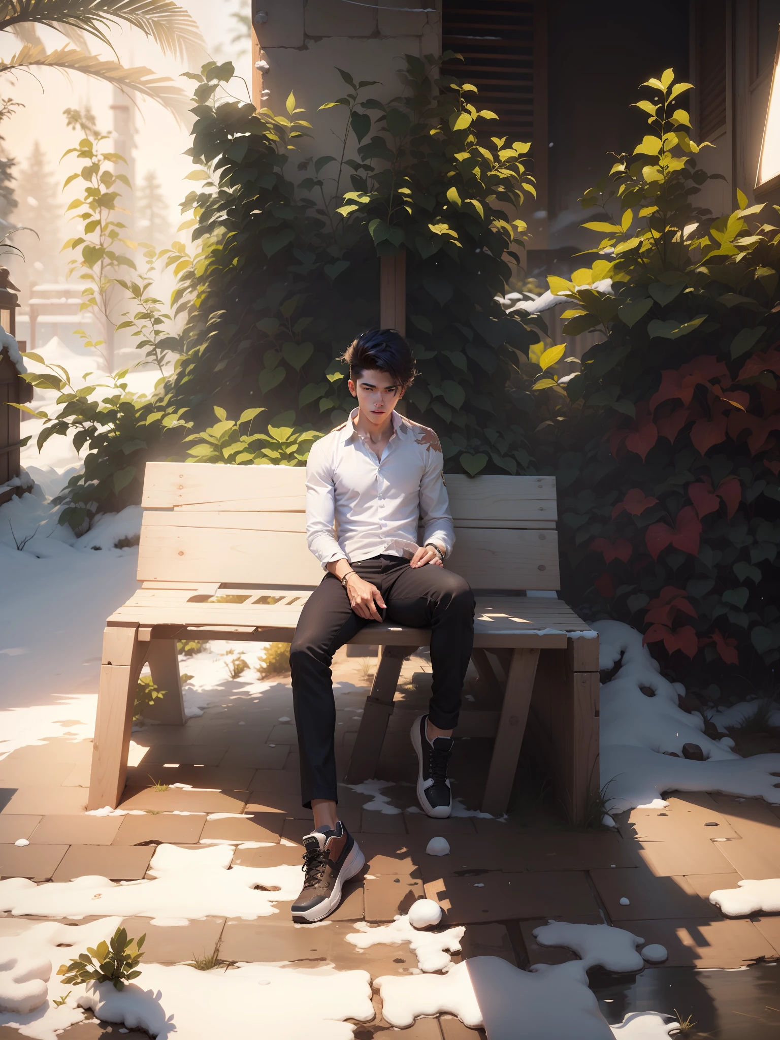 (A handsome boy )Fix the shadows and lightning, repair the patches of clothes (change the color of shirt in white) add the snow in background ( and don't change the face and create cool hairstyle) cg face (8k realistic skin ) clear face without any change