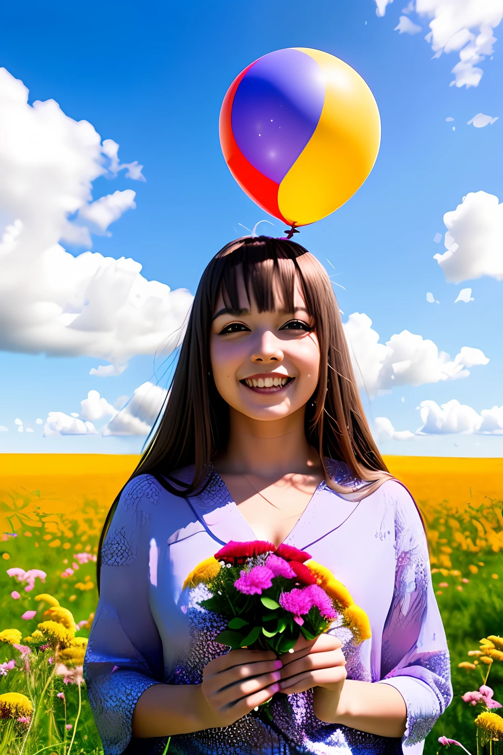 A girl holding flowers, colorful balloons floating in the sky, meadow, dancing, holding flowers, happy, happy, perfect quality, clear focus (clutter-home: 0.8), (masterpiece: 1.2) (Realistic: 1.2) (Bokeh) (Best quality) (Detailed skin: 1.3) (Intricate details) (8K) (Detail Eyes) (Sharp Focus), (Happy)