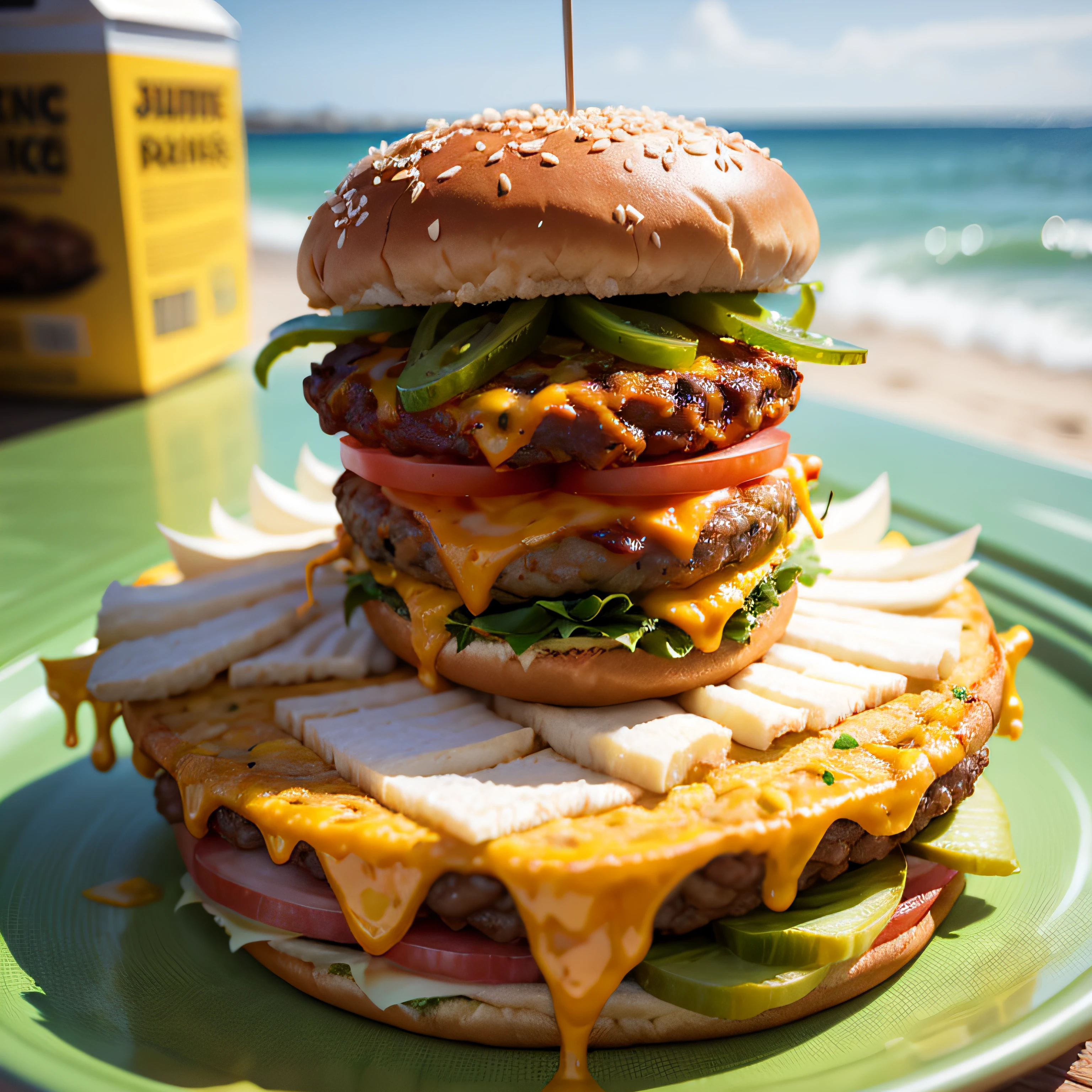 Ultra realistic juicy cheeseburger product photo against a background reminiscent of the beach, vibrant lighting, advertising, octane, --auto