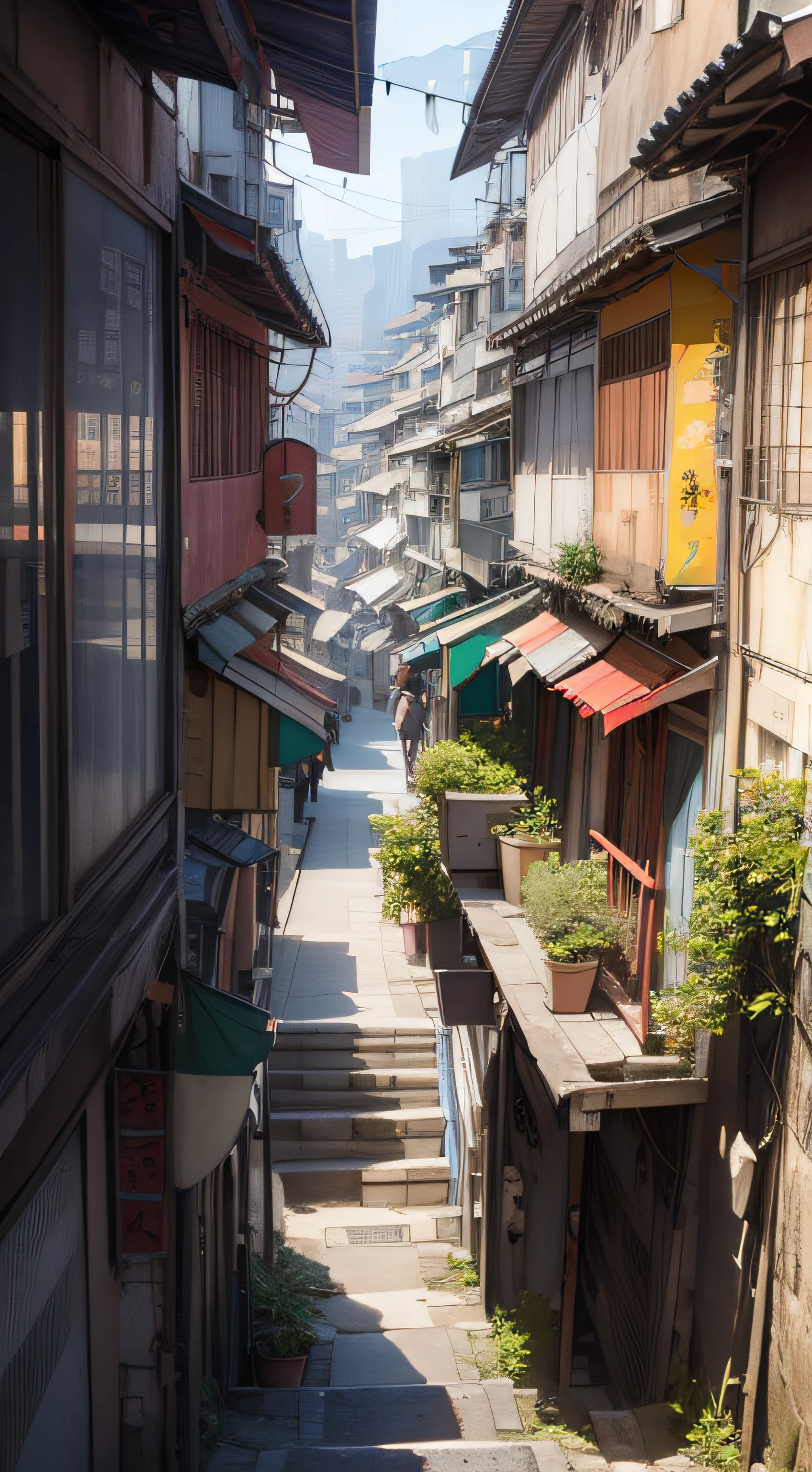 Narrow streets with dense steps extending into the distance, streets of Hong Kong, stills of Kowloon, streets of Mumbai, Kowloon, Hong Kong architecture, dense architecture, artwork of Hong Kong streets, super detailed, super realistic, looking up, mountains in the distance