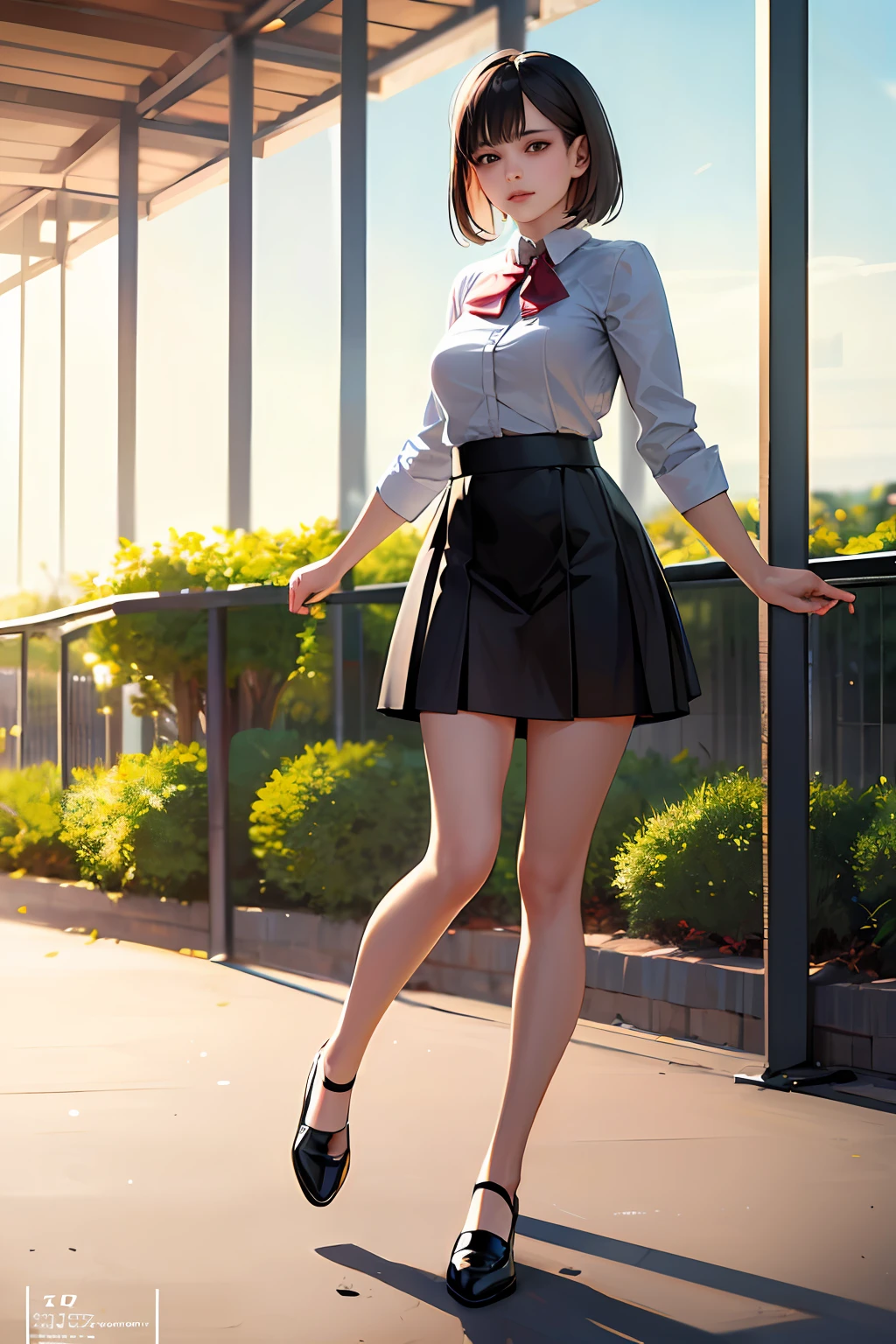 ((masterpiece, best quality)), 1 girl, (photorealistic: 1.4), solo, white background, black hair, short hair, absolute area, skirt, ((full body)),