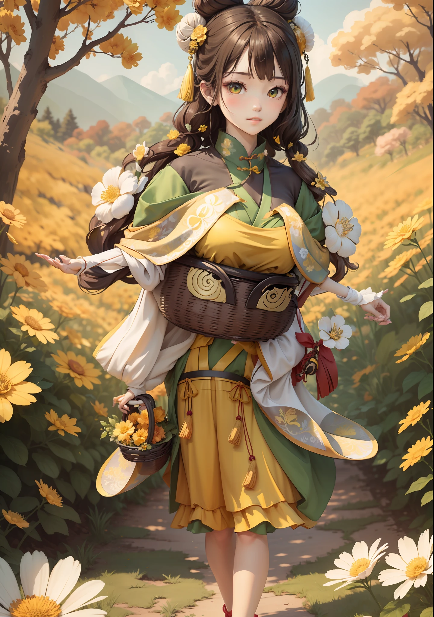 A Chinese girl in Hanfu,One hand holding a flower basket,Holding a flower in one hand,The butterfly,autumn,Dealing with the heat,dark brown hair,Ancient Chinese hair buns,pattern,Yellow-green color scheme,On both sides of the hair are flower hair accessories,Some metallic flower headdresses,The color block is clear,Bright colors,arte de linha,unlimited details,Fine painting,Beautifully portrayed,空白背景 8k