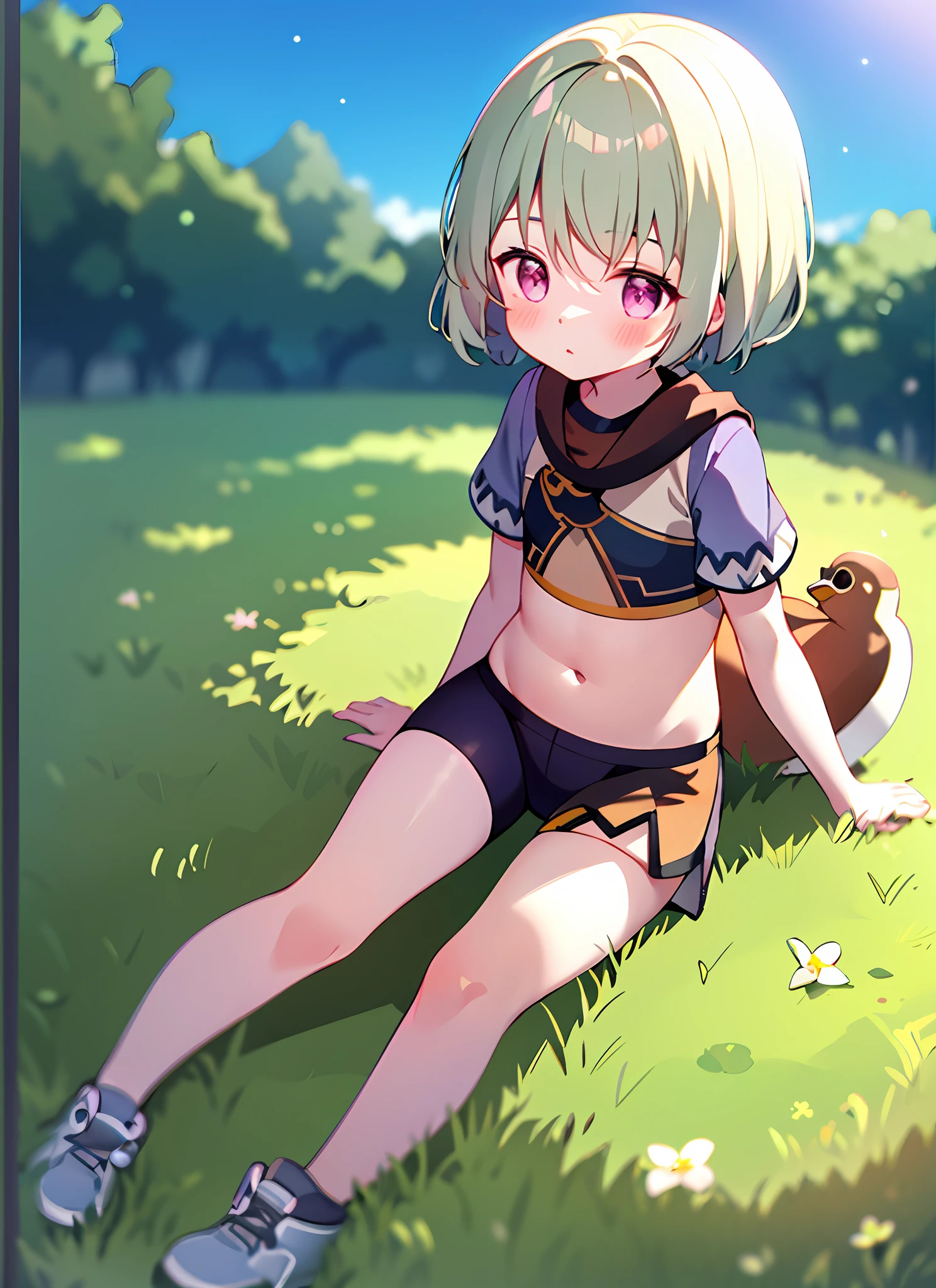 full body, blush, outdoor, daytime, simple background, blue sky, rippled hair, sky, looking at the audience, sitting on the grass loli, very cute expression, duck sitting, small short legs, crop top with open belly,