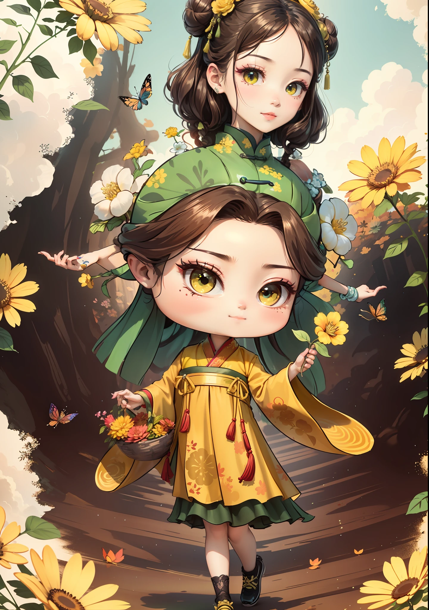 A Chinese girl in Hanfu，One hand holding a flower basket，Holding a flower in one hand，The butterfly，autumn，Dealing with the heat，dark brown  hair，Ancient Chinese hair buns，pattern，Yellow-green color scheme，On both sides of the hair are flower hair accessories，Some metallic flower headdresses，The color block is clear，Bright colors，arte de linha，unlimited details，Fine painting，Beautifully portrayed，空白背景 8k