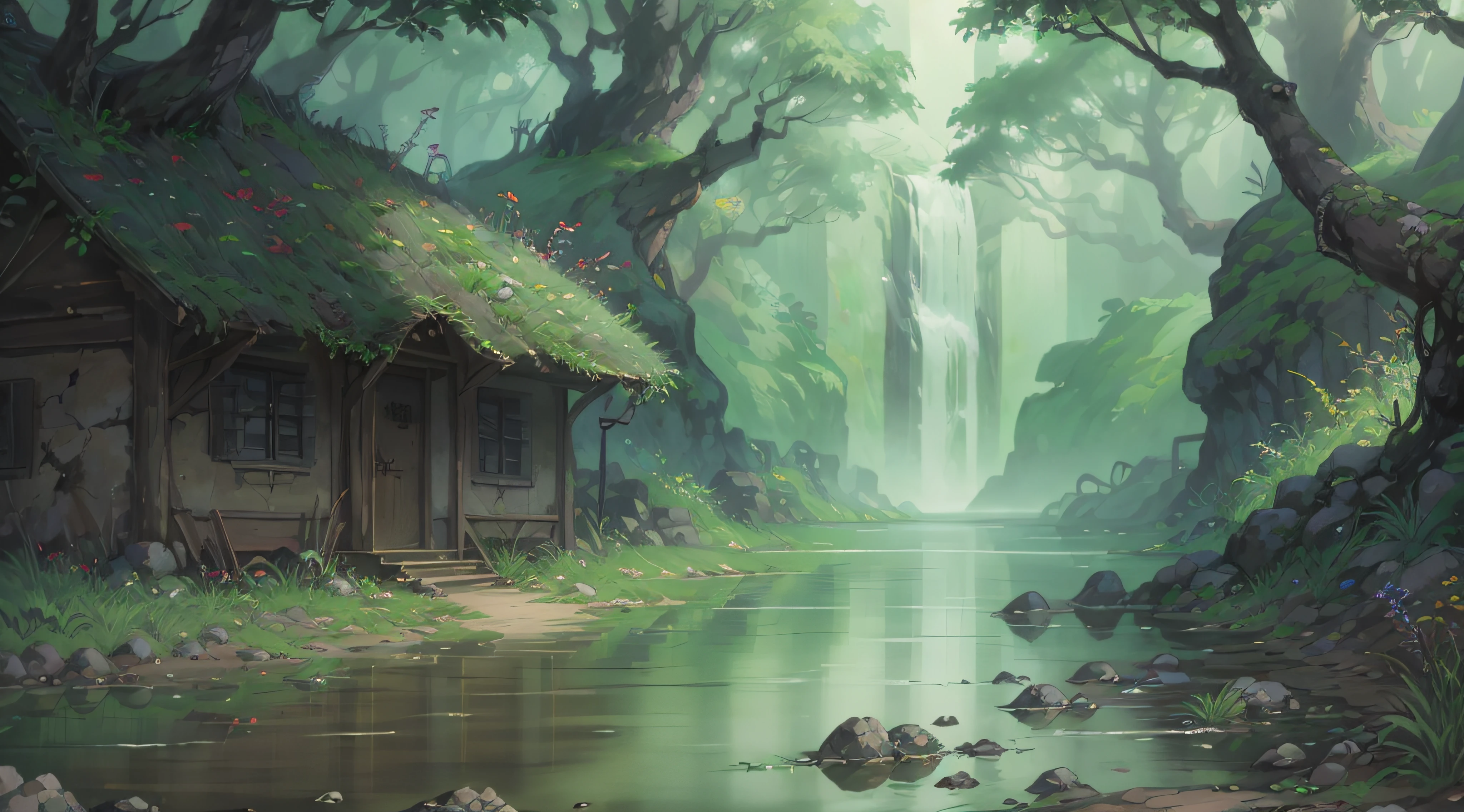 Matte painting of jungle, river, and rocks with fantasy elements. Generative AI