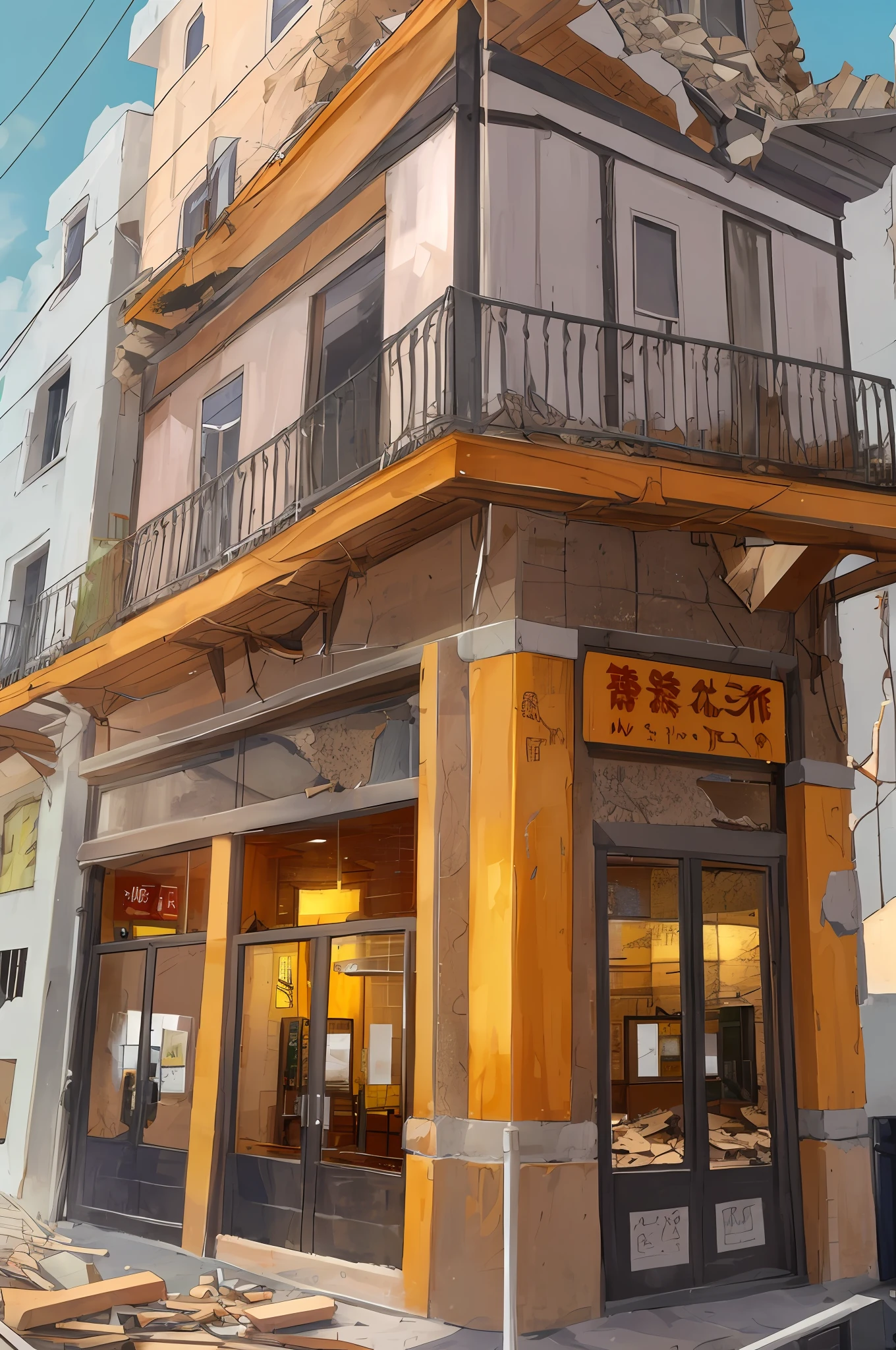View of building after suffering an earthquake, conf 0.56