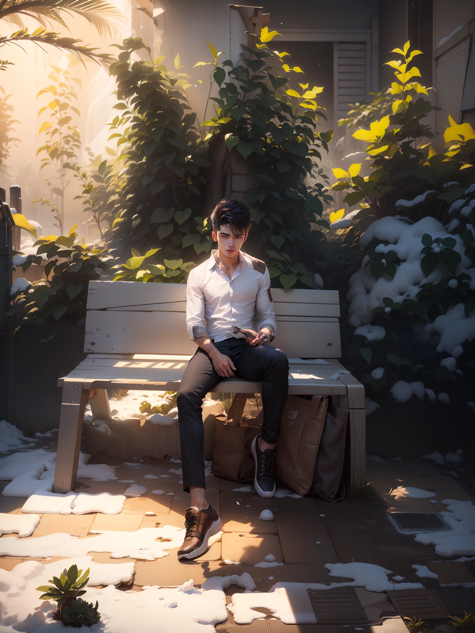 (A handsome boy )Fix the shadows and lightning, repair the patches of clothes (change the color of shirt in white) add the snow in background ( and don't change the face and create cool hairstyle) cg face (8k realistic skin ) clear face without any change