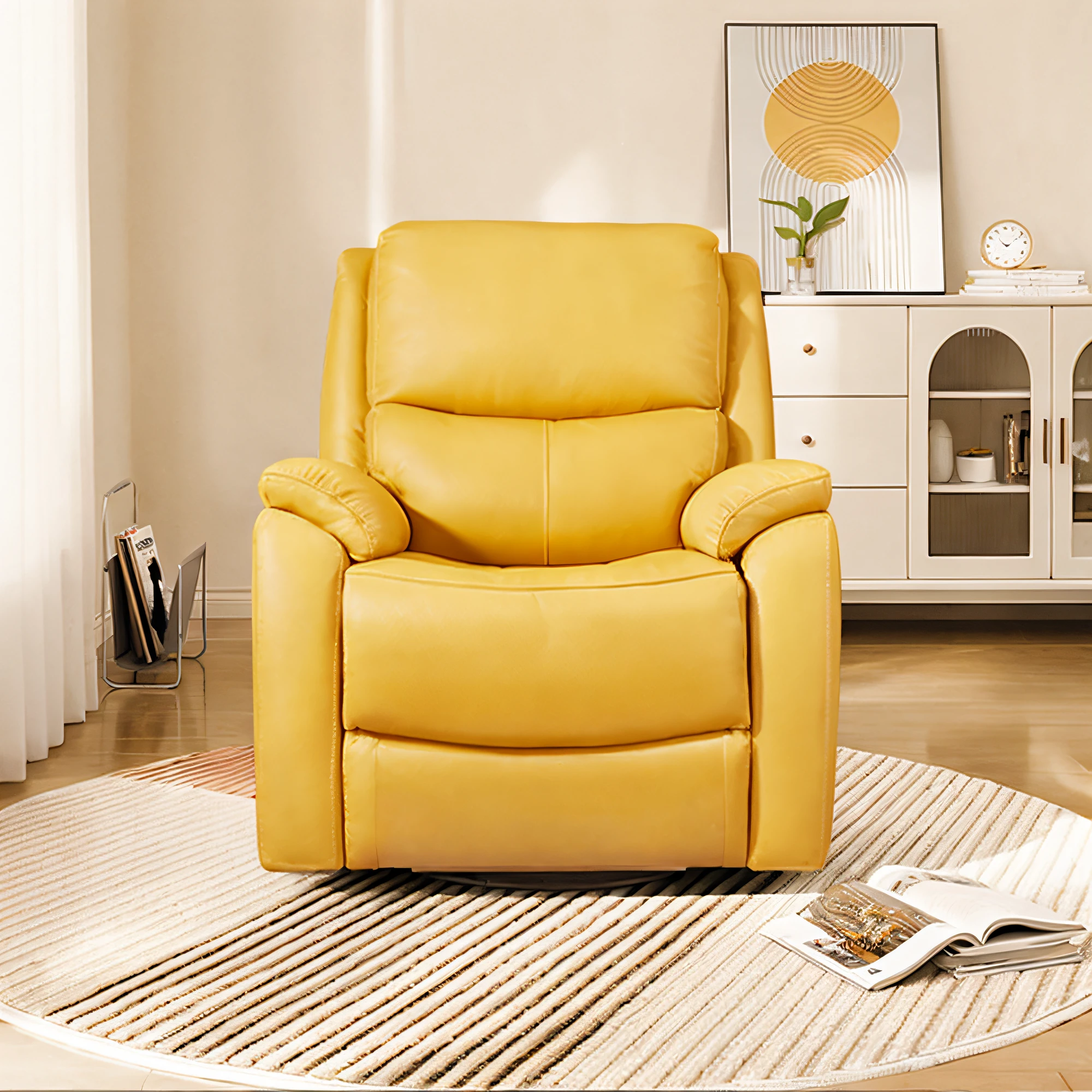 Yellow lounge chair, comfortable, high quality, just the right light and shadow, real photos.