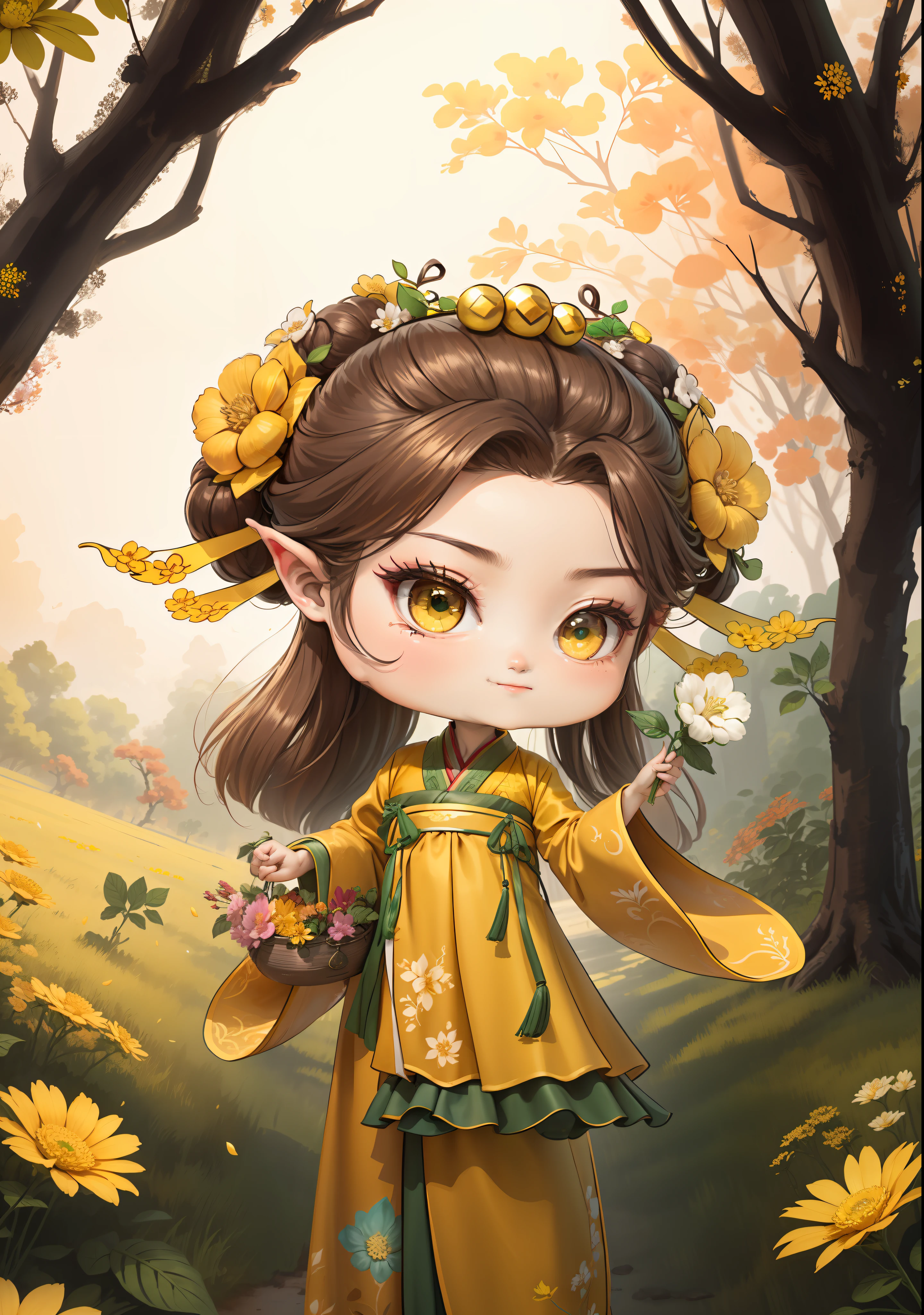 A Chinese girl in Hanfu,One hand holding a flower basket,Holding a flower in one hand,autumn,Dealing with the heat,dark brown hair,Ancient Chinese hair buns,pattern,Yellow-green color scheme,On both sides of the hair are flower hair accessories,Some metallic flower headdresses,The color block is clear,Bright colors,arte de linha,unlimited details,Fine painting,Beautifully portrayed,空白背景 8k