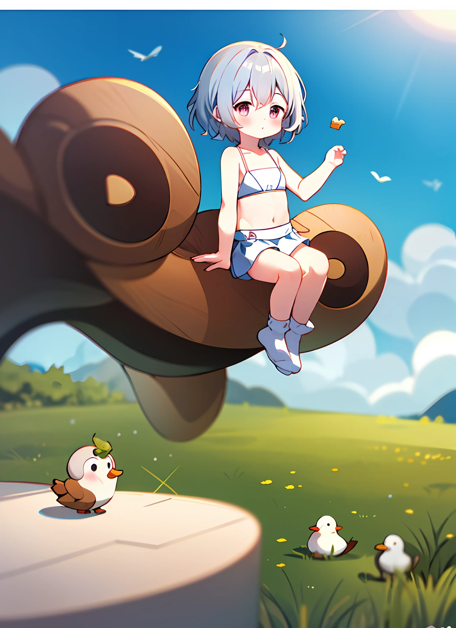 full body, blush, outdoor, daytime, simple background, blue sky, rippled hair, sky, looking at the audience, sitting on the grass loli, very cute expression, duck sitting, small short legs, white bikini, white socks,