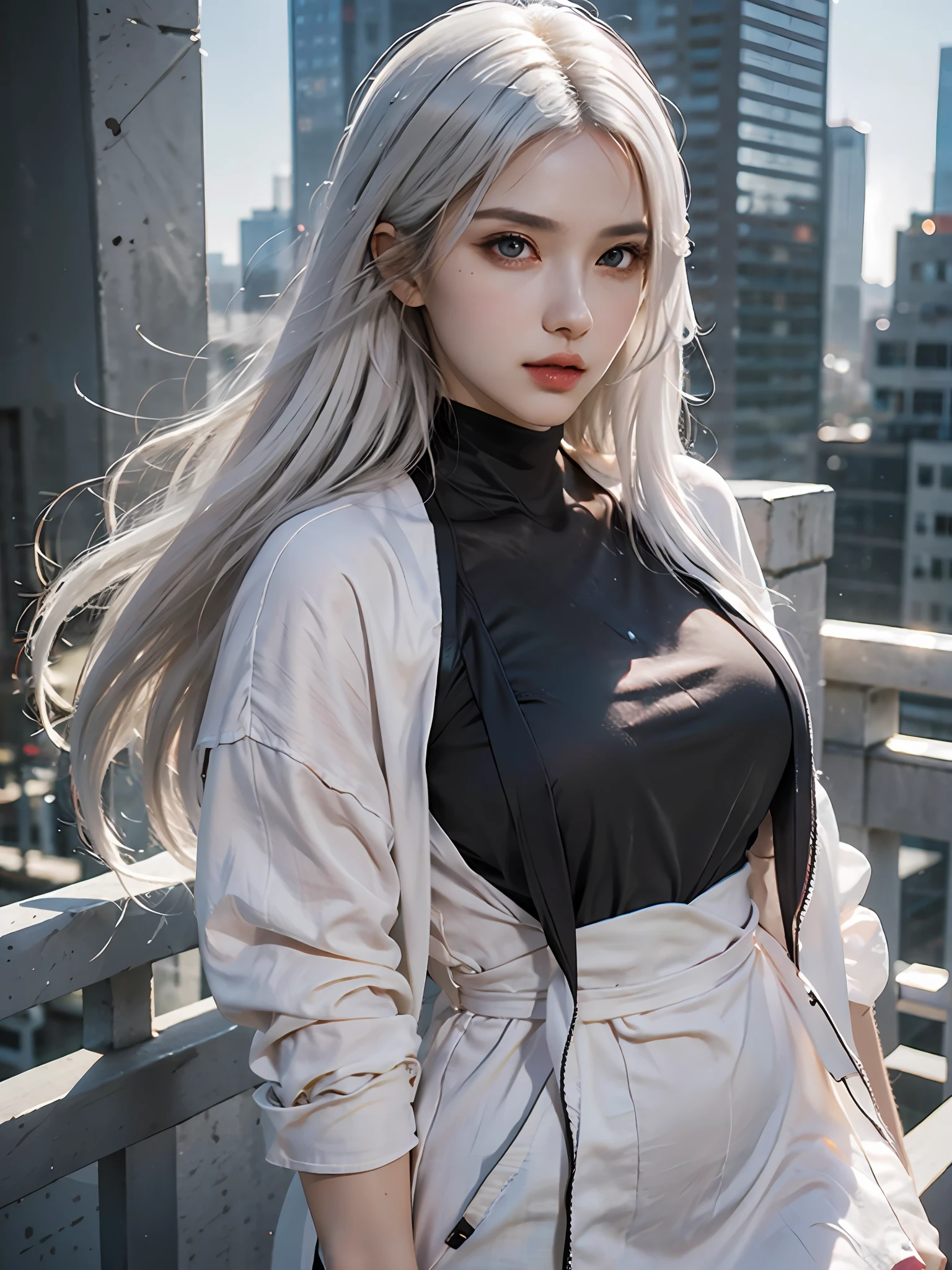 1girl, stylish outfit, fitted jeans, oversized jacket, fashionable accessories, (realistic detailed eyes, natural skin texture, long white hair, confident expression), cityscape backdrop, rooftop or high-rise balcony, dynamic composition, engaging pose, soft yet striking lighting, shallow depth of field, bokeh from city lights, sharp details, highly detailed, hyper-realistic, 50mm lens, naturally blurred background.