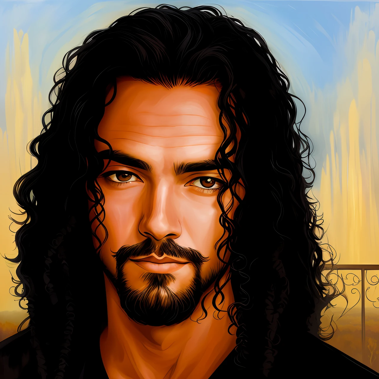 a closeup of a man with long curly hair and beard, a black man with long curly hair, inspired by Jorge Jacinto, with long curly hair, long curly black hair, long black curly hair, long black curly hair, with haunted eyes and curly hair, with his long black hair, inspired by Gerald Kelly, a mysterious landscape is revealed. A combination of deep shadows and subtle lights creates an intriguing atmosphere. Towering mountains rise on the horizon, their peaks plunged into the darkness of the night. The moon, only partially visible among the black clouds, casts a faint, pale light over the digital art-style landscape --auto