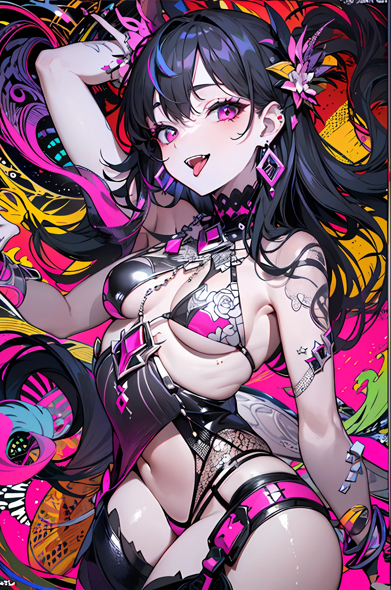 (Little Devil, Evil Beauty, Masterpiece, Top Quality, Best Quality, Seductive Expression, Lewdness, Laughter, Sticking Out the Tongue, Official Art, Beauty and Aesthetics: 1.2), (1girl: 1.3), Very Detailed, (Fractal Art: 1.1), (Color: 1.1) (Diamond: 1.3), Most Detailed, (Zentangle: 1.2), (Dynamic Pose), (Abstract Background: 1.3), (Shiny.) skin), (many colors:1.4), ,(earrings:1.4),