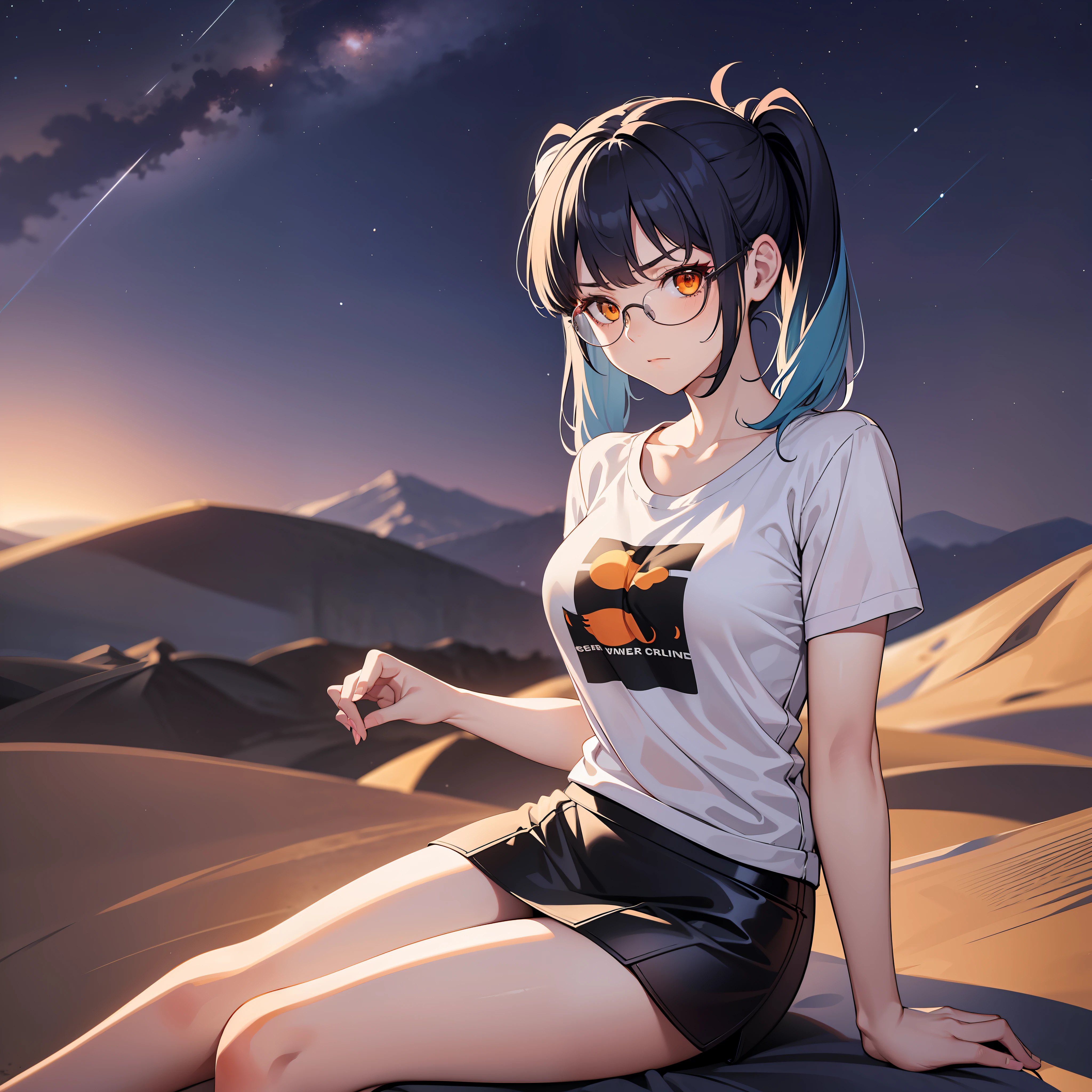 Thirty year old woman, Serious Expression, short blue hair With white lines In the middle, in two pigtails, orange eyes, wearing transparent glasses, short T-shirt, black miniskirt, stocking, Sit on the chair, at the view of the desert sands, with the beautiful night sky, full body