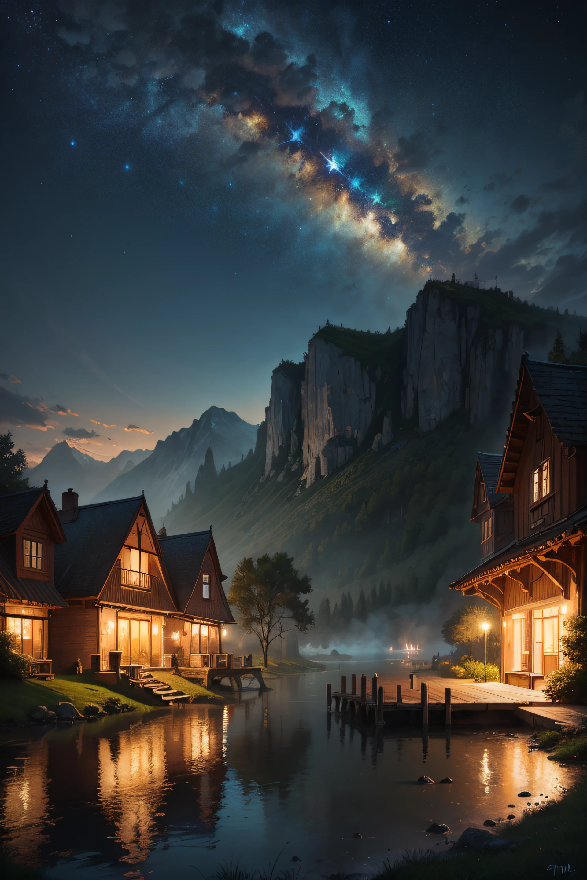 (highly detailed), ((masterpiece)),(Impasto), intricate, digital painting,shadow ,landscapes , fantasy,delicate grassland,(piers:1.3),(lake:1.3),(villiage:1.2),lights,clear sky ,wind ,beautiful sky ,cumulus ,(night star) --auto