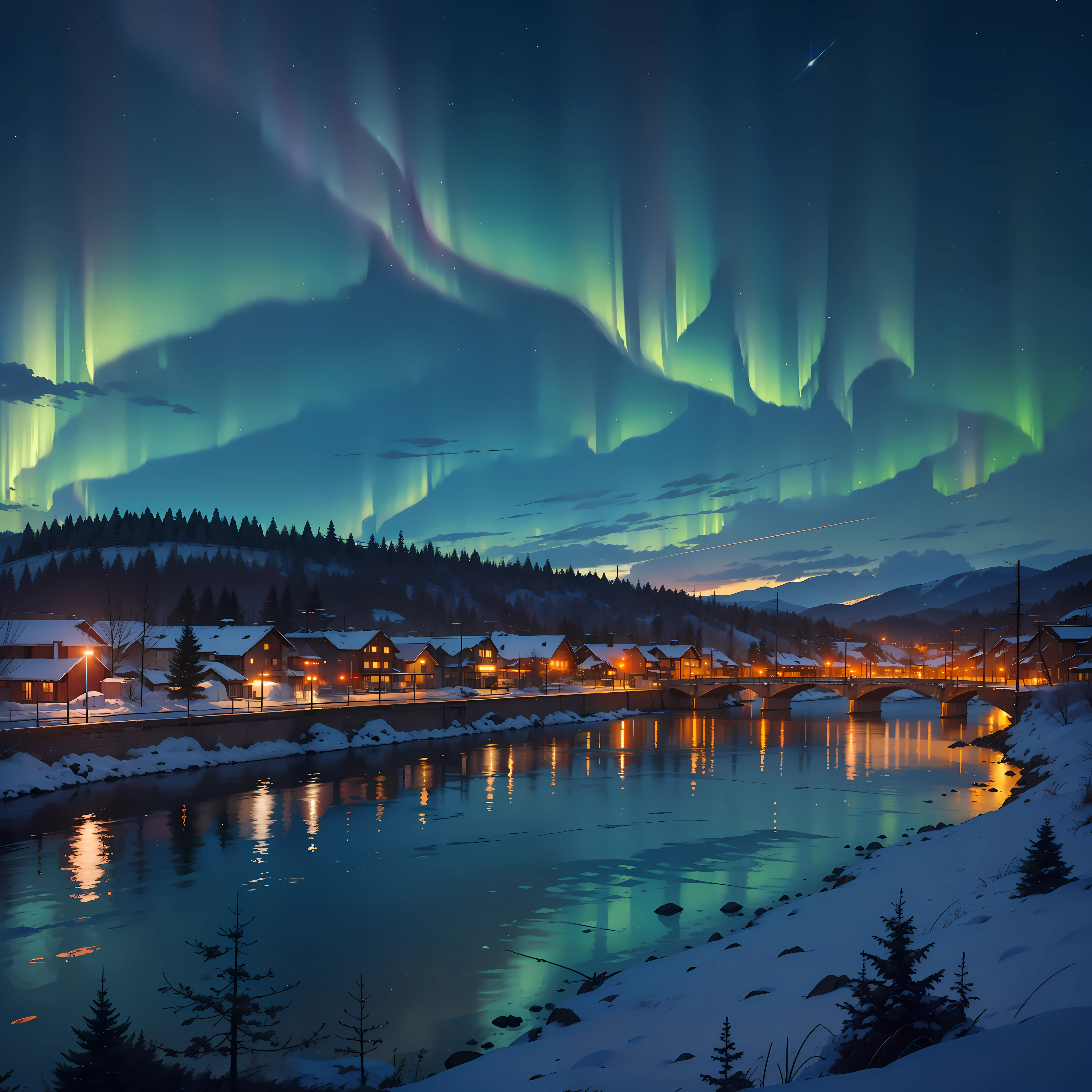 Panoramic view of rustic city in winter at night, pontes, aurora boreal