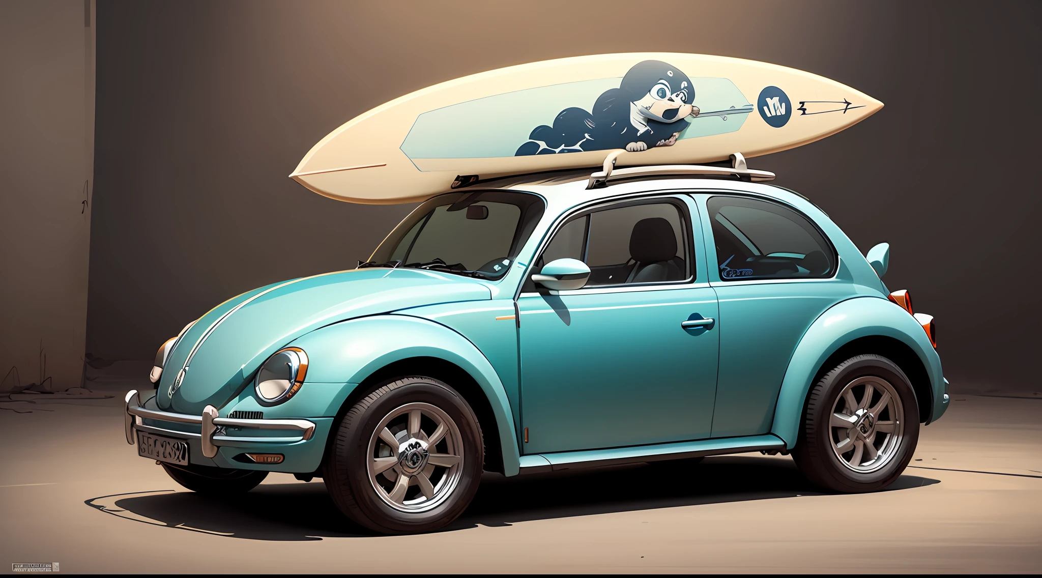 Blue Volkswagen beetle with surfboard on top, highly detailed illustration.", vehicle illustration, beetle, cartoon style illustration, cartoon style, HD illustration, ultra detailed illustration, vector illustration, highly detailed hyper real, highly detailed illustration, high detail illustration, retro illustration, highly detailed cartoon, artistic illustration, highly detailed vector art, a beautiful art illustration --auto