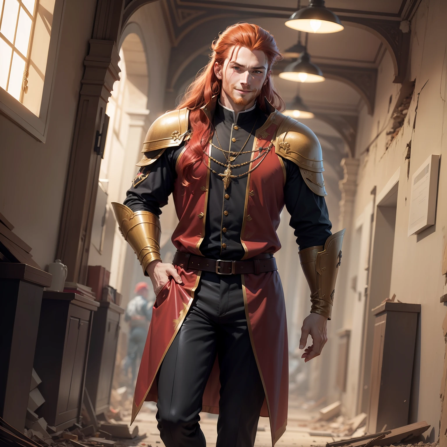Realistic image of a strong, tall, red-haired man with mullets, dressed in black cleric's costumes with shoulder pads, anime character style art, burn marks, confident smile, hallway of a palace with rubble on the floor