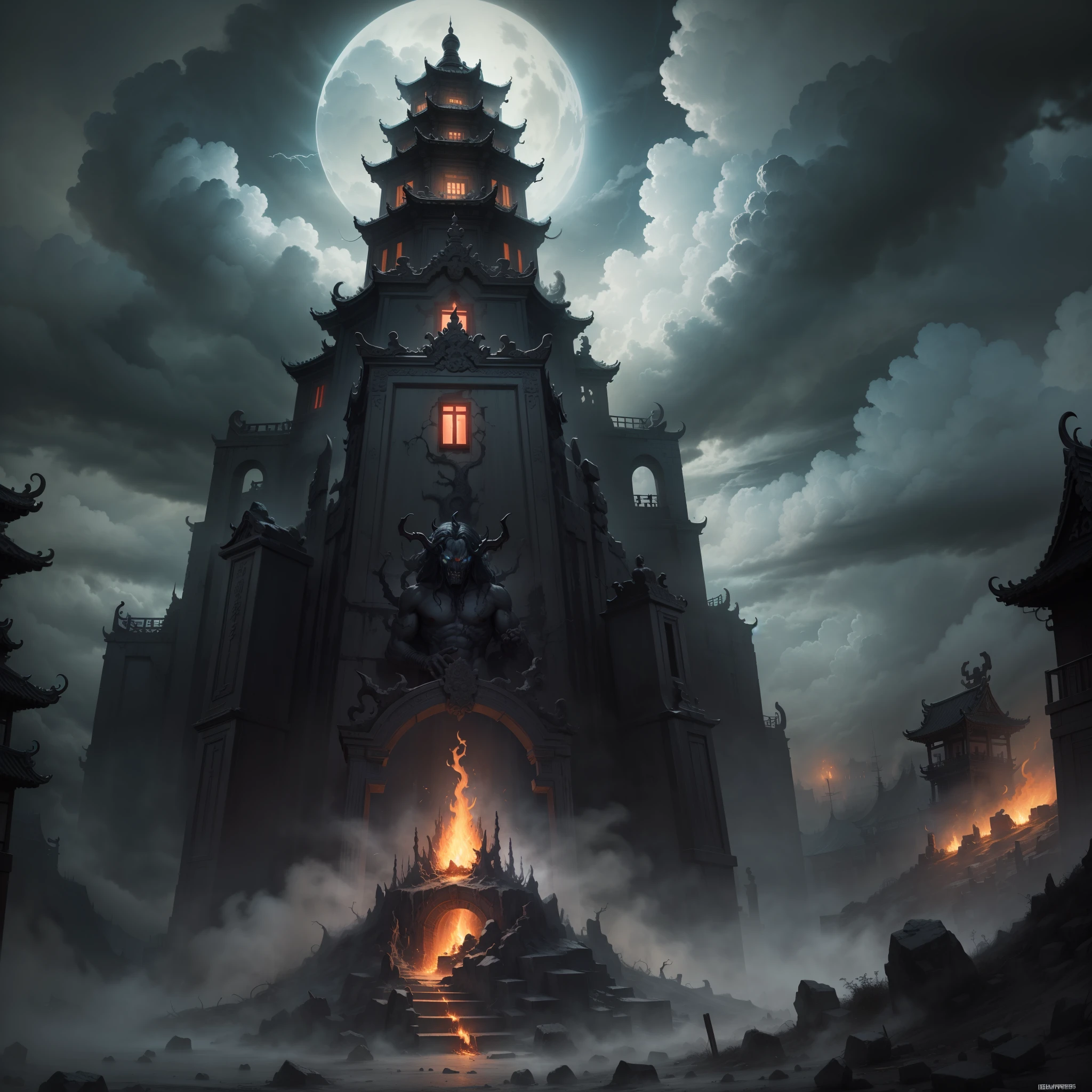 Masterpiece, highest quality, HD, 8k, series, ghost city, eighteen layers of hell, Yan Luo Temple, black and white impermanence, Hades, hellfire, dark sky, terrifying atmosphere, judgment