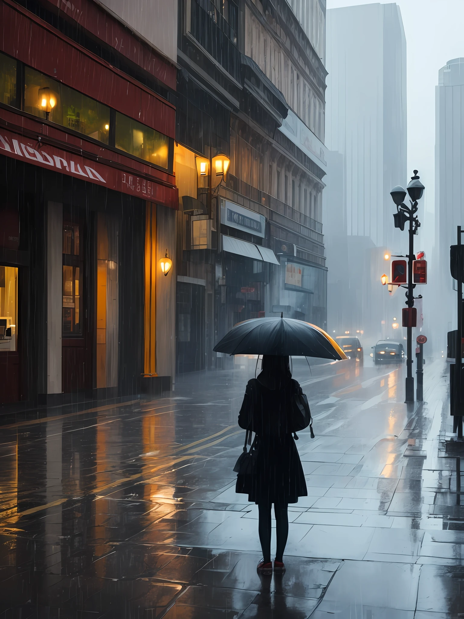 Morning in the city. In the pouring rain, a girl is standing alone. --auto