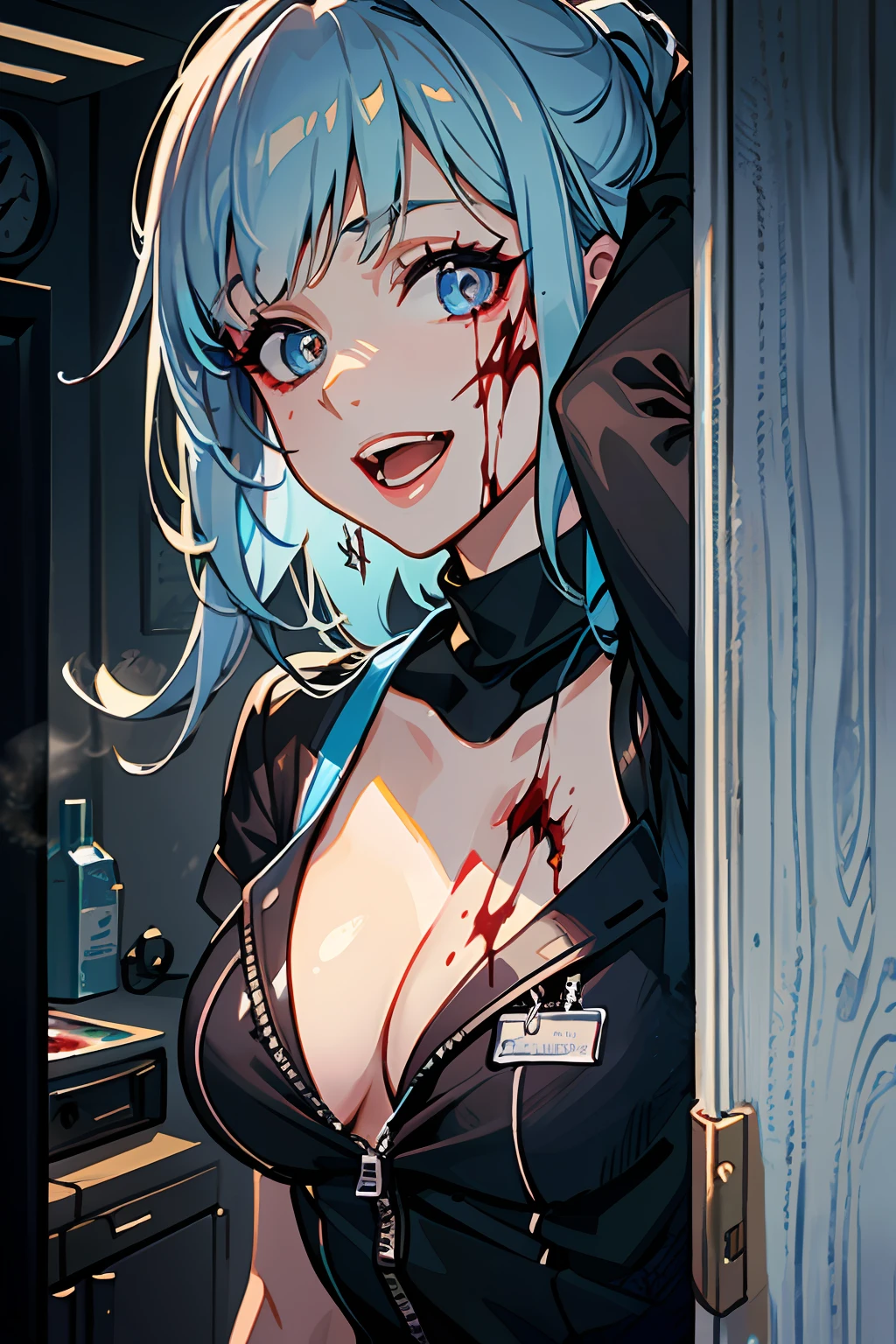 (artwork illustration luminosity desinger:1.2), (best artist illustrator painter:1.2), (1girl), solo, laughing manically, wearing nurse's clothes, macabre smile, bloody lips, bloody clothes, horror movie set of a macabre hospital, gothic cinematic lighting of Paramount studios, Wit, giving a claustrophobic air, in a hostile and dark place--Niji:5--dark hostile lighting--Paramount Studios--studio wit--Graphic perfection. --s2