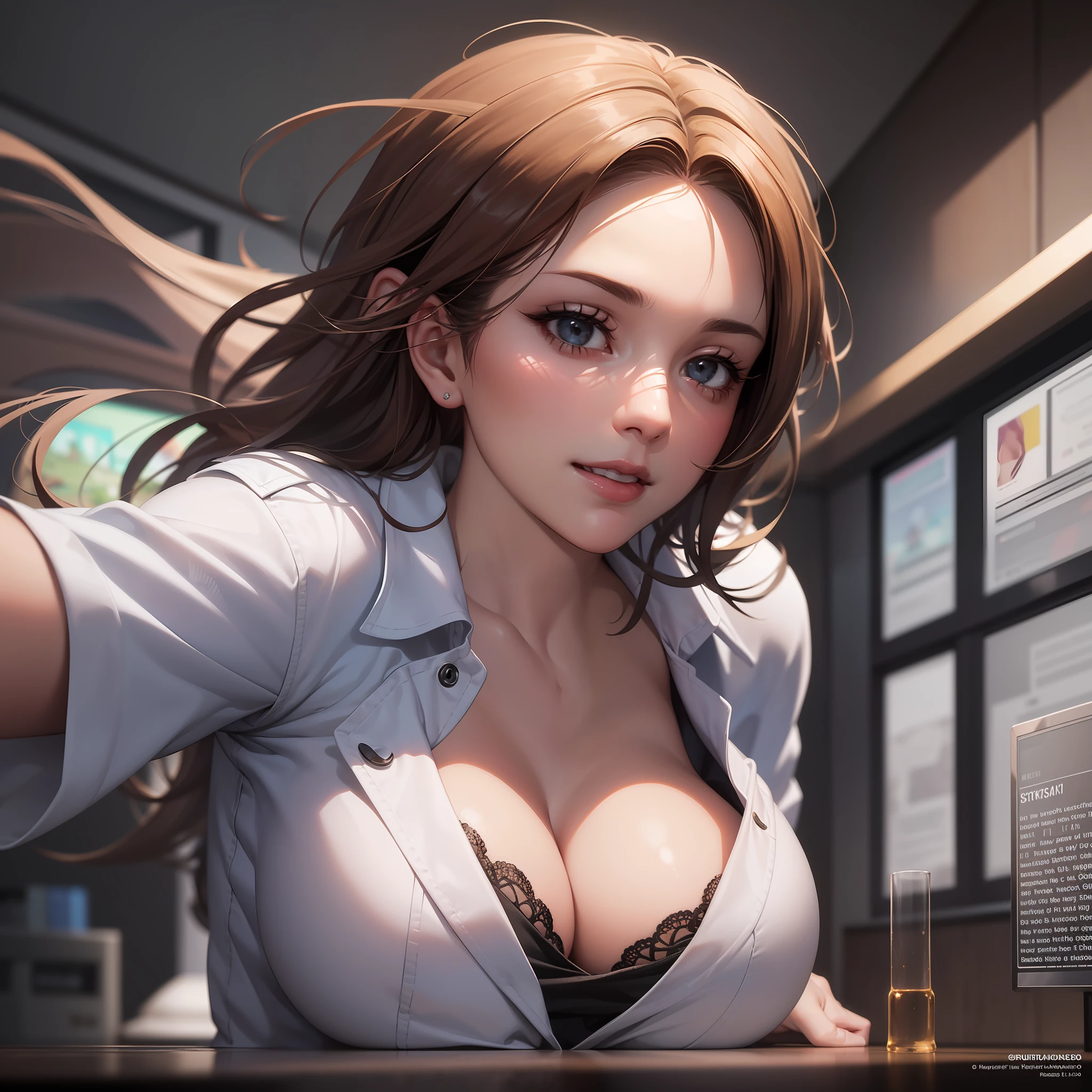 ((She is sexy)), ((She is beautiful)), ((She is strong)), ((She is determined)), a beautiful scientist, She is wearing a white coat, She is happy and smiling, She She's inside a science lab, She's looking at you, She's sexy and sensual, She's surrounded by labware, ((art by Greg Rutkowski)), masterpiece, best quality, sharp focus, dynamic pose, cinematic lighting , perfect lighting, highres, outstanding details, ultra-high resolution, (realism: 1.4), the best illustration, favor details, highly condensed, realistic, lifelike, highly detailed, hyperrealism, intricate, natural, natural light, high resolution, high resolution scan, max detail, ultra realistic, filigree,gorgeous, vibrant, striking, captivating, lively, dynamic, energetic, eye-catching, breathtaking