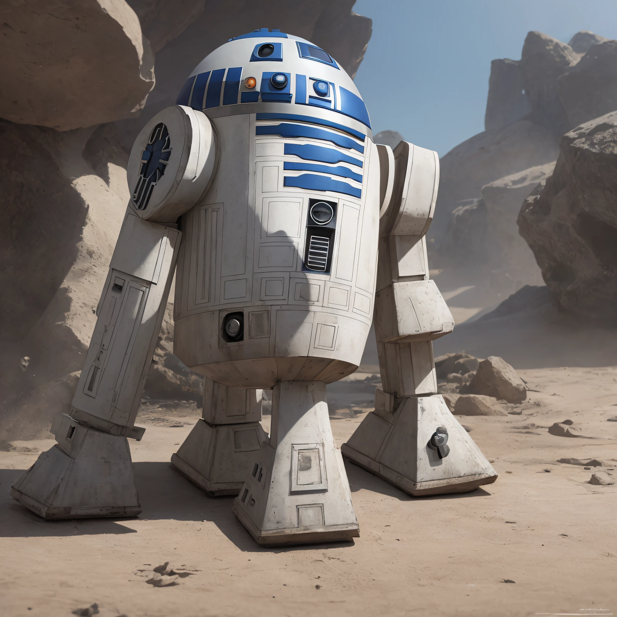 Create an awe-inspiring masterpiece with a hyperrealistic, high-definition full body portrait of the iconic droid R2D2 from Mandalorian. Capture every intricate detail of R2D2's metallic body and vibrant colors with stunning clarity in mesmerizing 8K resolution. Showcase the droid in a dynamic pose, radiating a sense of adventure and resilience. Employ dramatic lighting techniques to enhance its features and bring out its character. Pay meticulous attention to texture, reflections, and shadows to achieve a hyperrealistic rendition that truly brings R2D2 to life. Let this portrait stand as a testament to the brilliance of the Star Wars universe and the enduring legacy of this beloved droid. --auto