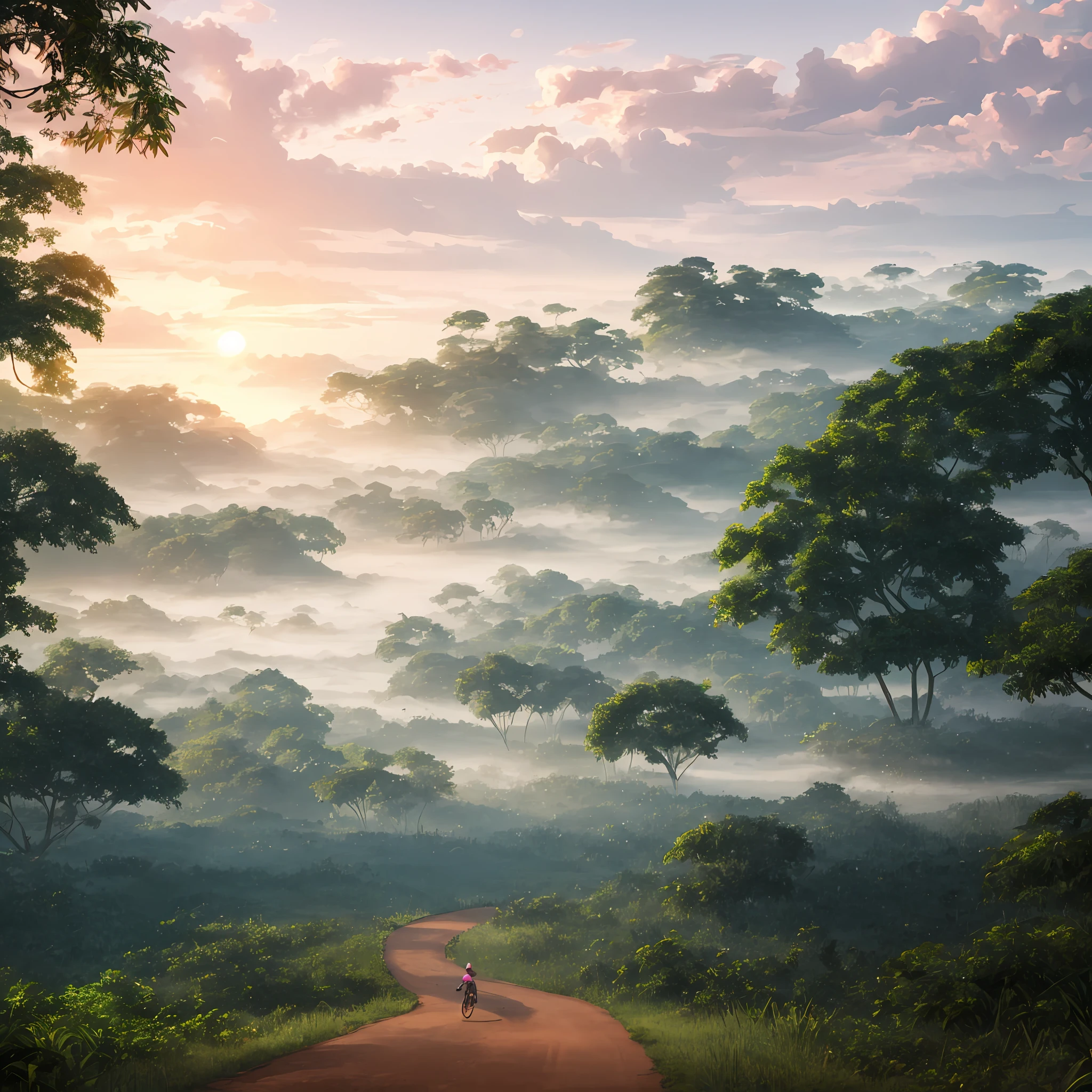 [Pink clouds, jungle trees surrounded by mist, Chinese girl riding a sacred deer, rushing out of the jungle, realistic 3D atmosphere] --auto