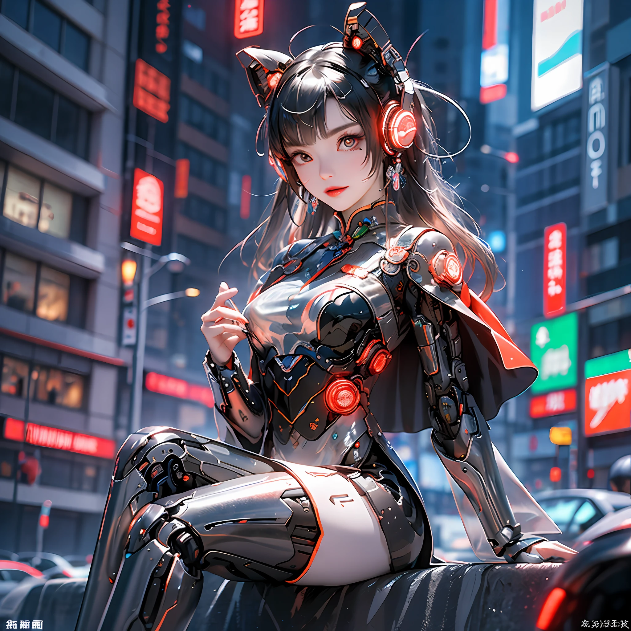 Chenglan bustling fireworks, top gathering of delicious foodies, spicy Shu fables, moon watching immersion, girls, Chinese_clothes, metallic black titanium and crimson, cyberhan clothing, cheongsam, cyberpunk city, dynamic pose, detailed luminous headphones, luminous hair accessories, long hair, luminous earrings, luminous necklace, cyberpunk, high-tech city, full of mechanical and futuristic elements, futurism, technology, glowing neon, red, red light, sexy skirt, translucent black cape, laser light, Digital background urban sky, big moon, with vehicle, best quality, masterpiece, 8K, character edge light, super high detail, high quality, the most beautiful woman in human beings, smile, face facing the front left and right symmetry, ear corner decoration, long antenna glow, beautiful pupils, light effects, visual data, silver-red-orange hair dye, ultra-detailed facial texture, happy and proud, weapon system, crowded pedestrians on the street, mecha style, wearing a glowing antenna, deep eyes, girly sitting position, cute sitting posture
