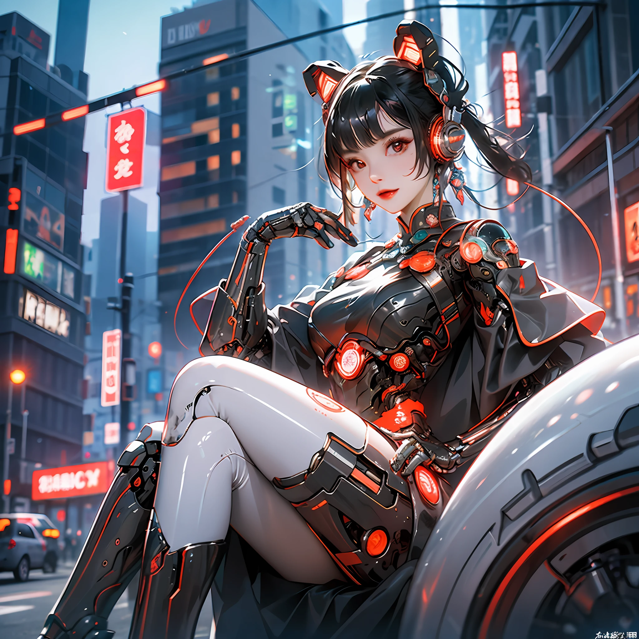 Chenglan bustling fireworks, top gathering of delicious foodies, spicy Shu fables, moon watching immersion, girls, Chinese_clothes, metallic black titanium and crimson, cyberhan clothing, cheongsam, cyberpunk city, dynamic pose, detailed luminous headphones, luminous hair accessories, long hair, luminous earrings, luminous necklace, cyberpunk, high-tech city, full of mechanical and futuristic elements, futurism, technology, glowing neon, red, red light, sexy skirt, translucent black cape, laser light, Digital background urban sky, big moon, with vehicle, best quality, masterpiece, 8K, character edge light, super high detail, high quality, the most beautiful woman in human beings, smile, face facing the front left and right symmetry, ear corner decoration, long antenna glow, beautiful pupils, light effects, visual data, silver-red-orange hair dye, ultra-detailed facial texture, happy and proud, weapon system, crowded pedestrians on the street, mecha style, wearing a glowing antenna, deep eyes, girly sitting position, cute sitting posture