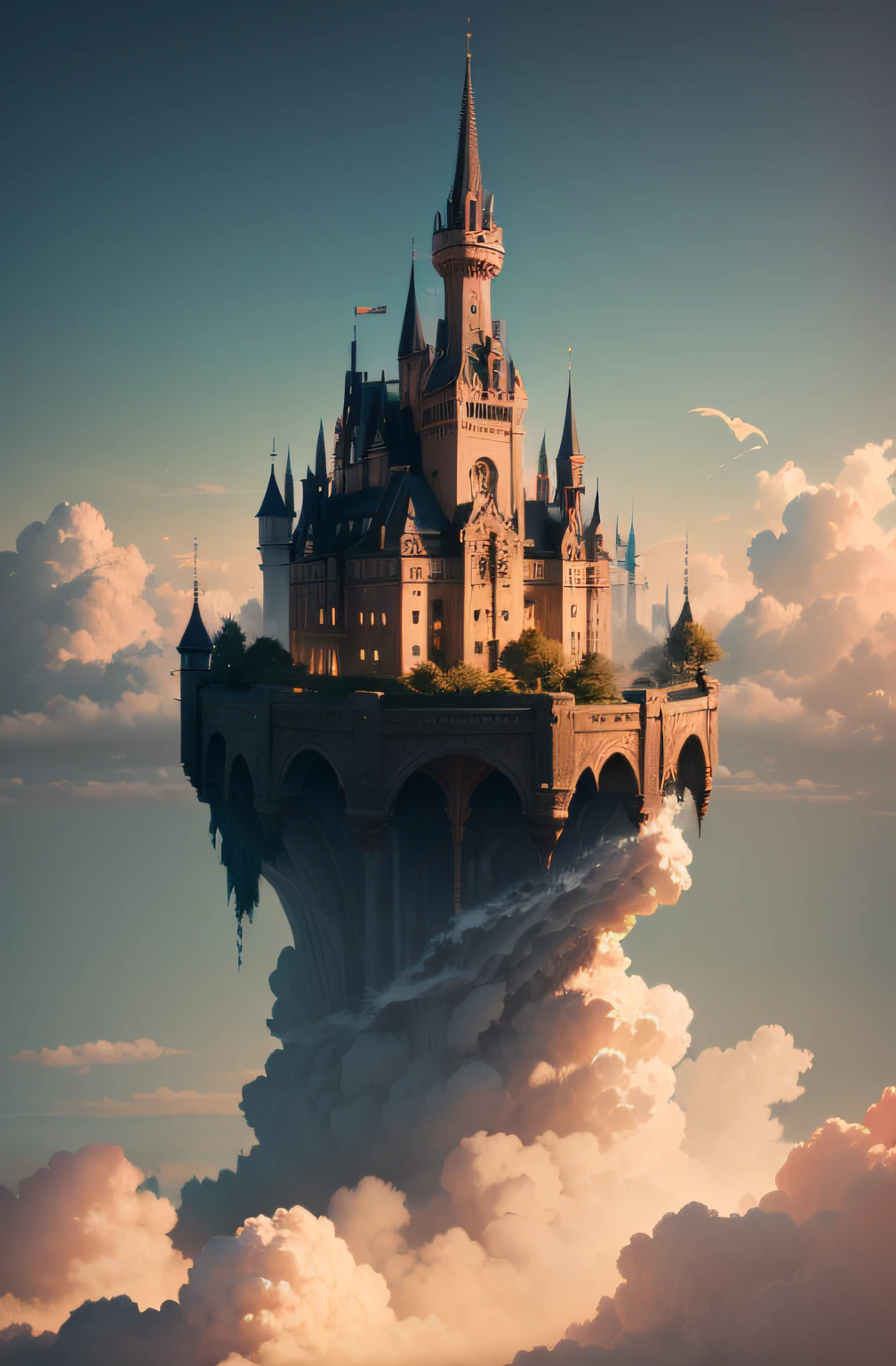Arad woman in white dress standing on a cliff, In the background is a castle, flying cloud castle, Floating city on the clouds, Castle in the clouds, Castle in the clouds, in the white clouds fairyland, palace floating in the sky, breathtaking fantasy art, in the white clouds fairyland, she is approaching heaven, digital art fantasy, Floating city in the sky, Surrealism, high detail, rococo style, chiaroscuro, cinematic lighting, sparkle, f/4.0, 85mm, Hasselblad, Sony FE GM, Surrealism, rococo style, chiaroscuro, cinematic lighting, god rays, wide shot, panorama, f/16, 135mm, Fujifilm, Hasselblad, Sony FE GM, UHD, retina, masterpiece, ccurate, anatomically correct, super detail, high details, high quality, highres, best quality, award winning, 8k, UHD, retina, masterpiece, ccurate, textured skin, anatomically correct, high quality, highres, best quality, high details, super detail, award winning, 8k --auto