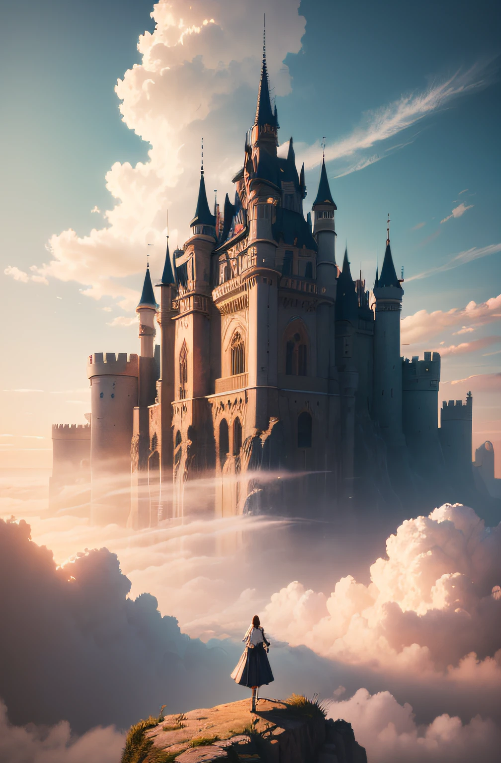 Arad woman in white dress standing on a cliff, In the background is a castle, flying cloud castle, Floating city on the clouds, Castle in the clouds, Castle in the clouds, in the white clouds fairyland, palace floating in the sky, breathtaking fantasy art, in the white clouds fairyland, she is approaching heaven, digital art fantasy, Floating city in the sky, Surrealism, high detail, rococo style, chiaroscuro, cinematic lighting, sparkle, f/4.0, 85mm, Hasselblad, Sony FE GM, Surrealism, rococo style, chiaroscuro, cinematic lighting, god rays, wide shot, panorama, f/16, 135mm, Fujifilm, Hasselblad, Sony FE GM, UHD, retina, masterpiece, ccurate, anatomically correct, super detail, high details, high quality, highres, best quality, award winning, 8k, UHD, retina, masterpiece, ccurate, textured skin, anatomically correct, high quality, highres, best quality, high details, super detail, award winning, 8k --auto