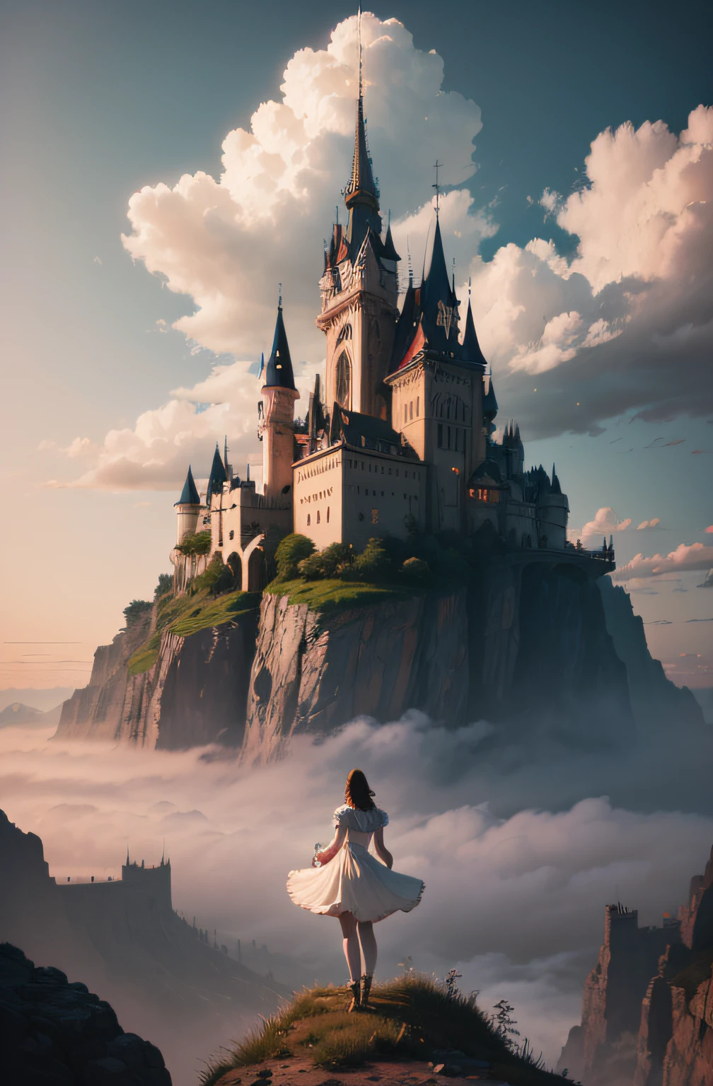 Arad woman in white dress standing on a cliff, In the background is a castle, flying cloud castle, Floating city on the clouds, Castle in the clouds, Castle in the clouds, in the white clouds fairyland, palace floating in the sky, breathtaking fantasy art, in the white clouds fairyland, she is approaching heaven, digital art fantasy, Floating city in the sky, Surrealism, high detail, rococo style, chiaroscuro, cinematic lighting, sparkle, f/4.0, 85mm, Hasselblad, Sony FE GM, Surrealism, rococo style, chiaroscuro, cinematic lighting, god rays, wide shot, panorama, f/16, 135mm, Fujifilm, Hasselblad, Sony FE GM, UHD, retina, masterpiece, ccurate, anatomically correct, super detail, high details, high quality, highres, best quality, award winning, 8k, UHD, retina, masterpiece, ccurate, textured skin, anatomically correct, high quality, highres, best quality, high details, super detail, award winning, 8k --auto
