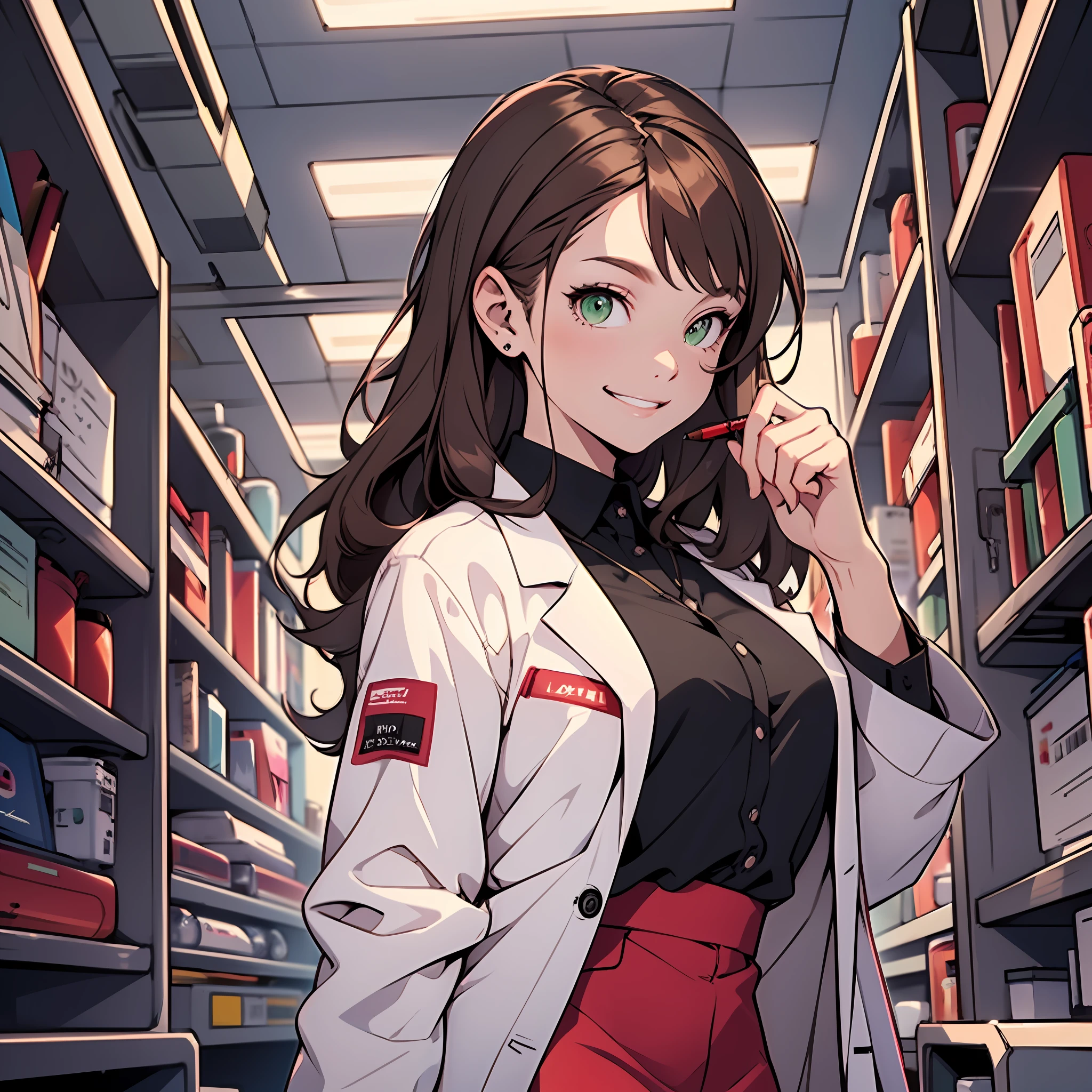 1girl, solo, green eyes, brown hair, small breasts, tall woman, in white lab coat wearing, long sleeves, black shirt, (red pencil skirt:1.2), in futuristic laboratory, adorable, brilliant, genius, calm, smile