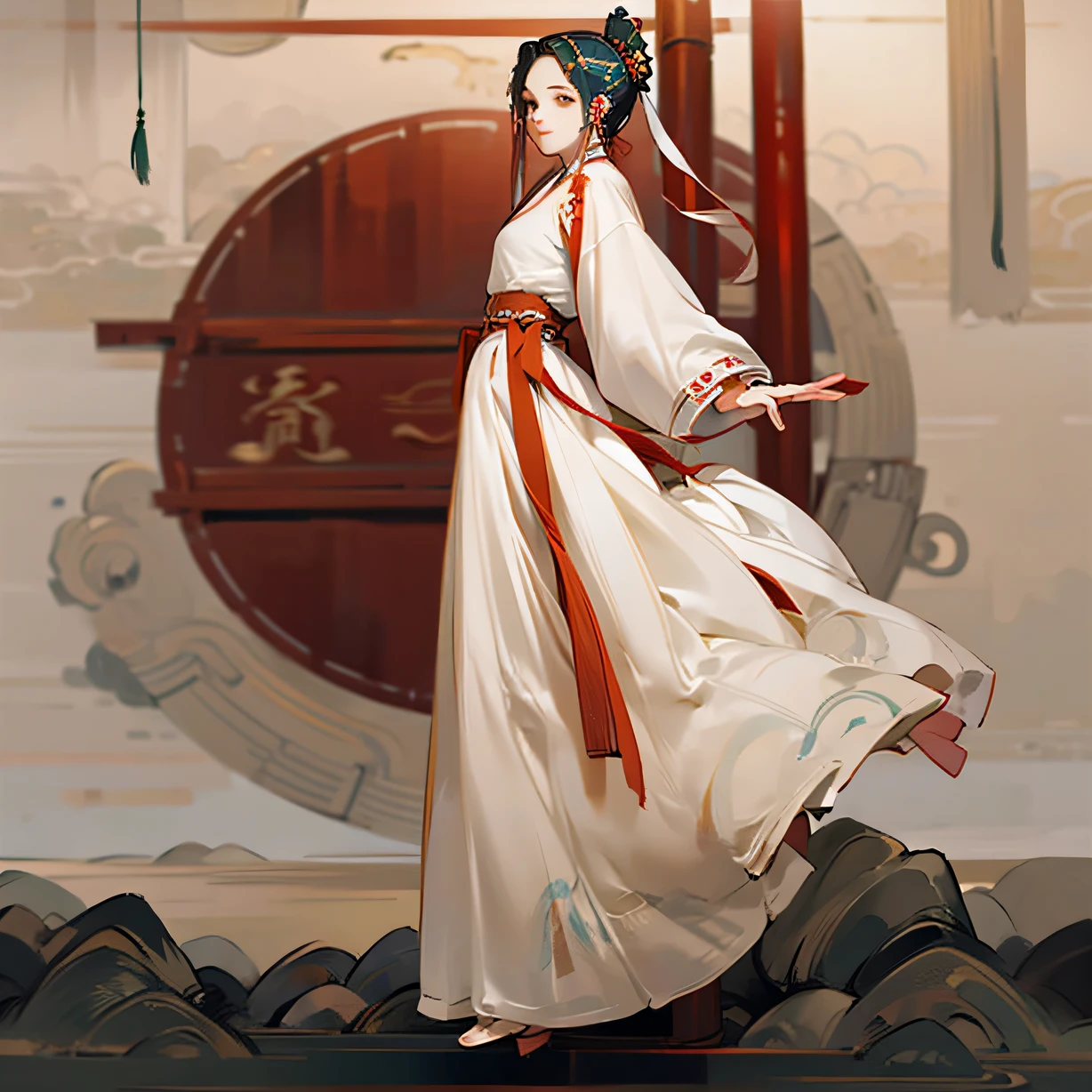 girl1, walking forward and looking back, Hanfu, full body, dim environment, face display