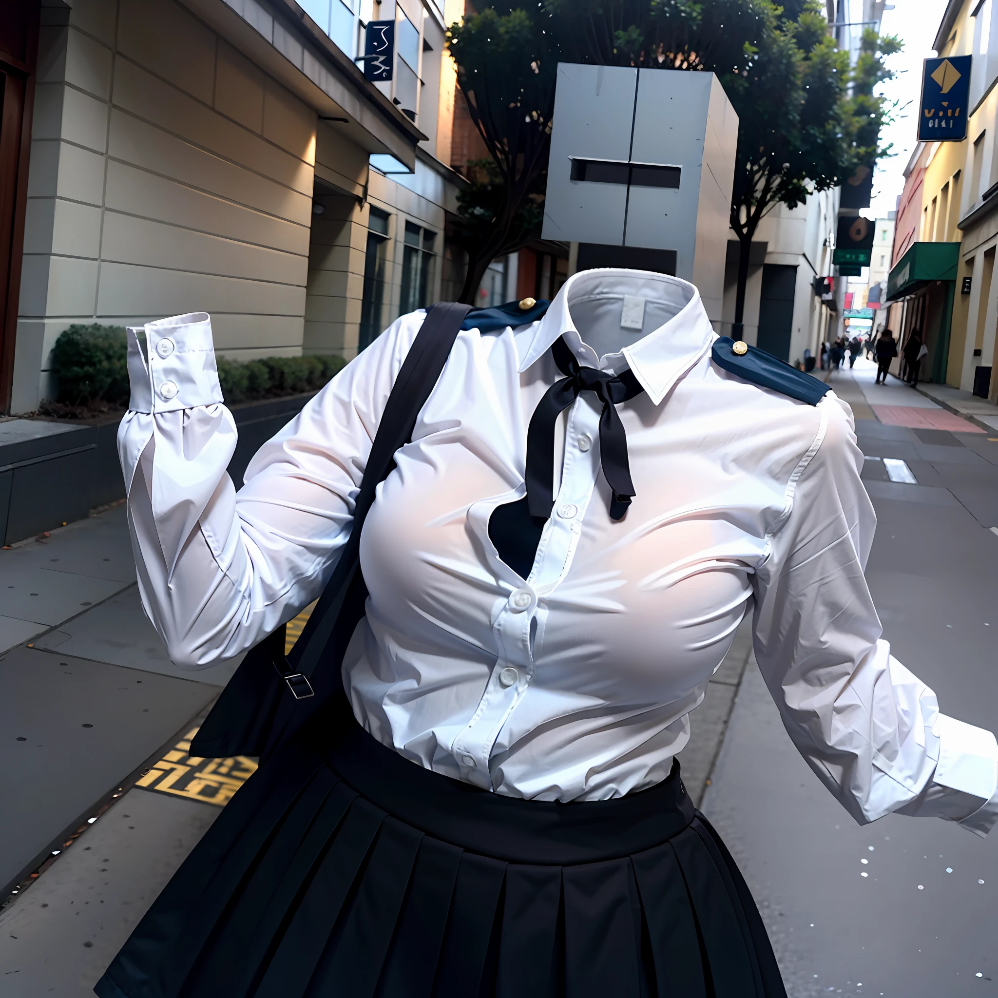 (insanely detailed), (16k), (no humans), (invisible), (faceless), (headless), ((empty clothes)), (huge breasts), girls' school uniforms swells as if possessed by busty invisible girls, girls' school uniforms raise their sleeve as if worn by invisible girls, huge breasts