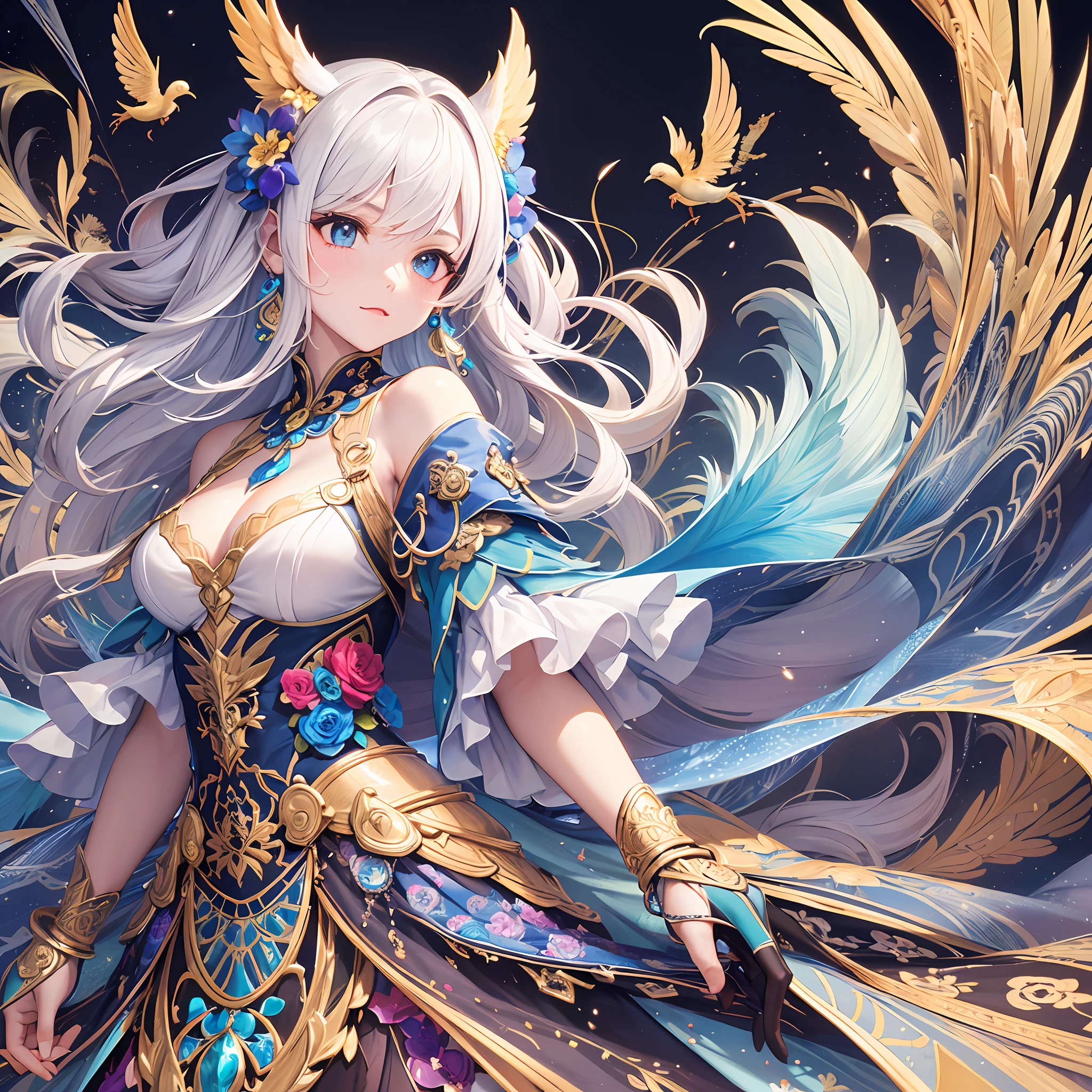 (Masterpiece, Top Quality, Top Quality, Official Art, Beautiful and Aesthetic: 1.2), (1 Girl: 1.3), White and Blue, Very Detailed, (Fractal Art: 1.1), (Colorful: 1.1) (Flower: 1.3), Supreme Detail, (Zentangle: 1.2), (Dynamic Pose), (Abstract Background: 1.3), (Shiny Skin), (Many Colors: 1.4), (Earrings), (Feathers: 1.5), ( Wind: 1.3), emerald, white hair, wrapped in light, detailed background, phoenix dress, panda ears, blue flowers, vivid eyes --auto --s2