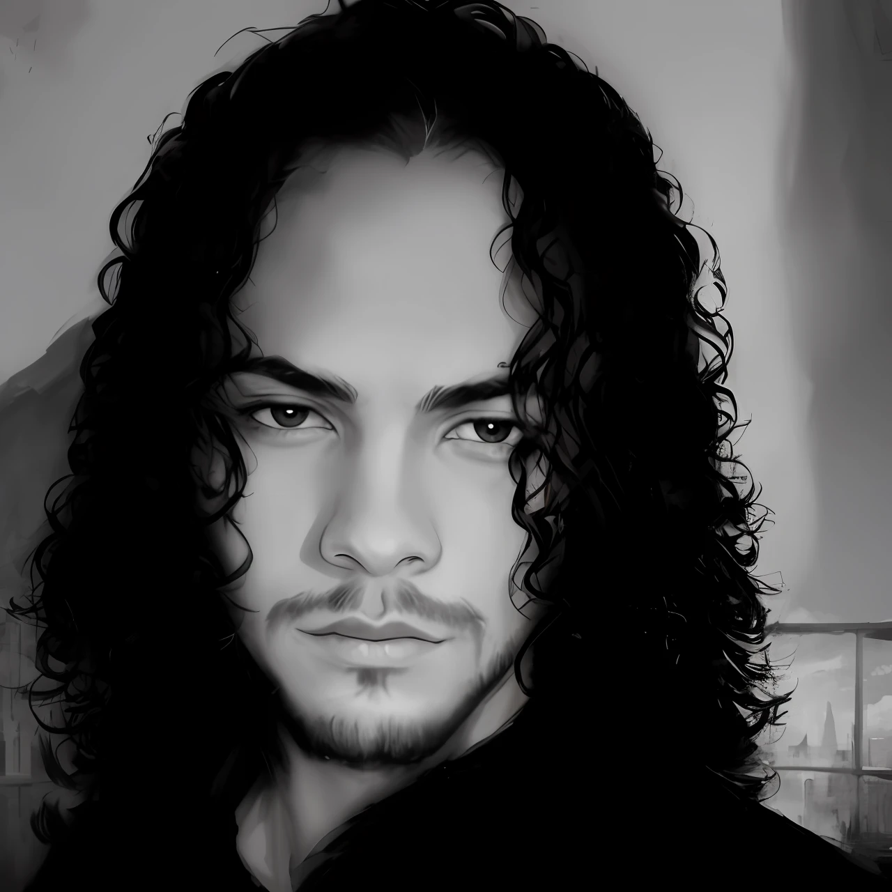 a closeup of a man with long curly hair and beard, a black man with long curly hair, inspired by Jorge Jacinto, with long curly hair, long curly black hair, long black curly hair, long black curly hair, with haunted eyes and curly hair, with his long black hair, inspired by Gerald Kelly, a mysterious landscape is revealed. A combination of deep shadows and subtle lights creates an intriguing atmosphere. Towering mountains rise on the horizon, their peaks plunged into the darkness of the night. The moon, only partially visible among the black clouds, casts a faint and pale light on the landscape style digital art dark, profane, evil, astral, creepy olpntng style, banshee, shrill photogenic expression, mystical, beautiful perfect face with soft skin, conceptual art portrait by greg rutkowski, artgerm, intricately detailed hyperdetailed gothic art trend in triadic colors artstation,  unreal engine, fantastic, intricate details, home screen, complementary colors, fantasy concept art, 8k resolution, gothic deviantart masterpiece, oil painting, heavy brushstrokes, paint drips, dark, profane, evil, astral, scary,