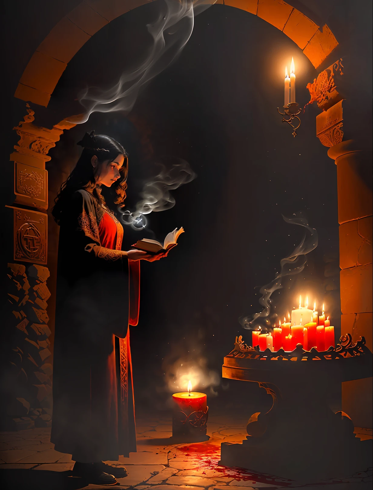 Masterpiece, best quality, "Mysterious summoning", Artstation, (Art by Frank Frazetta, by Simon Bisley, by Luis Royo, by H.R. Giger, by Ashley Wood, by Bill Sienkiewicz, by Ryan Meinerding, by Ian McQue, by Syd Mead, by Frank Frazetta). ((Medium Close Shot)), ((full torso)), ((1woman)), ((Gorgeous dark haired witch queen)), ((beautiful woman oiled body)), ((long dark robe with runes around the cuffs)), ((standing outside of summoning circle)), ((On the ground a intricate sigil pentacle drawn in blood)), ((melted red candles lit around the circle)), ((standing in front of a stone altar with open book)), ((magical sigil in red)), ((sage sticks & lit incense burning)), ((brass bell), ((small curved knife)), ((Otherworldly apothecary alchemists magic lab middle eastern style at night lit by candles)), ((dark ominous shadows)), ((Particle lights of different color and smoke fills the center of summoning circle)), ((Volumetric lighting)), ((Subtle lighting)), ((Good Highlights)), (Perfect Proportions), (good anatomy), (Painting in Oil), (Painterly), (Illustration), (stylistic), (dynamic), (intricate), (complimentary colors), (Professional), (Award winning), ((dark room)), (deep shadow), Helios 44-2, (Soft bokeh), (sepia B&W), 8k, HDR,